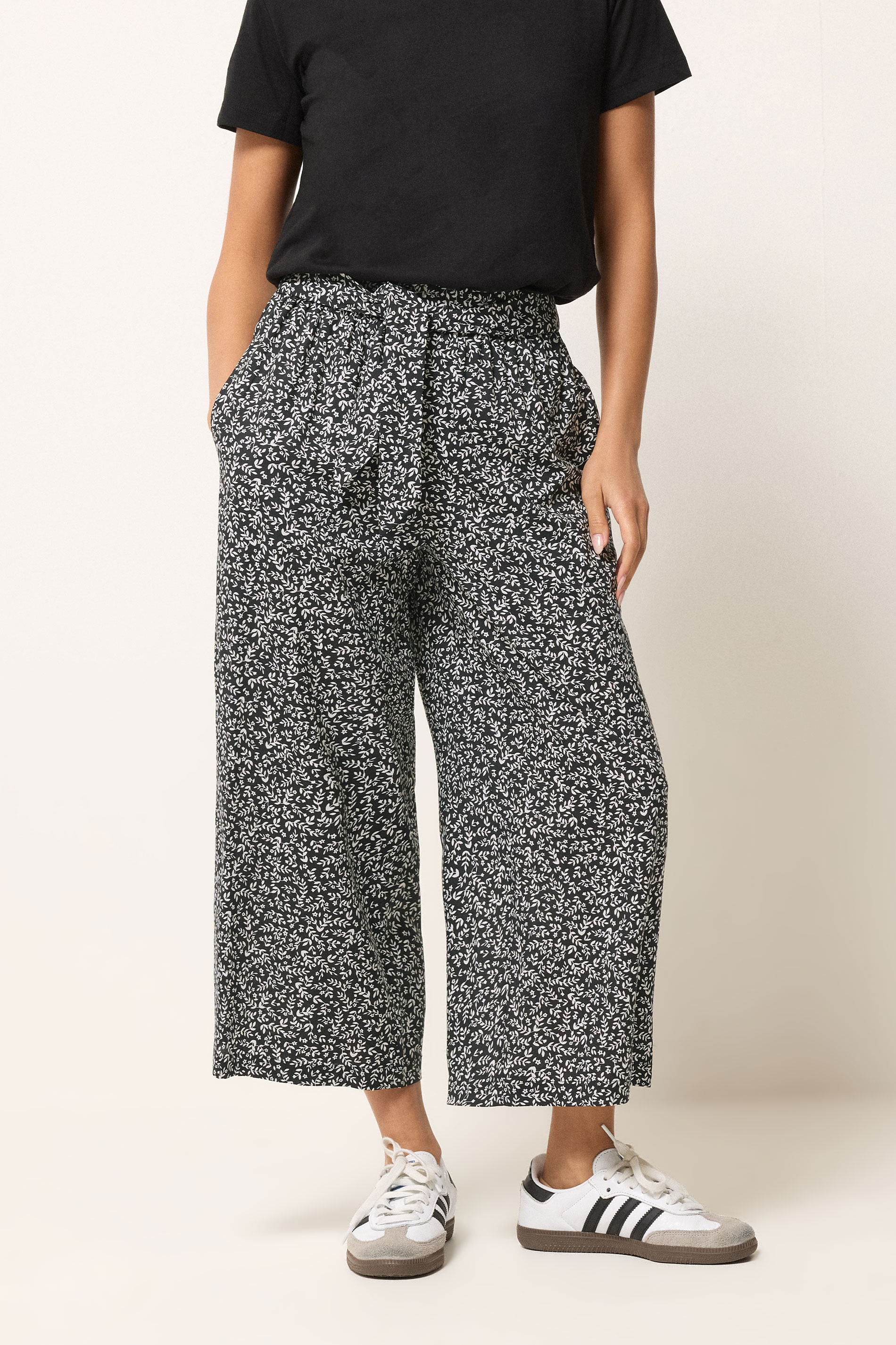PixieGirl Petite Women's Black Leaf Print Cropped Trousers | PixieGirl 1