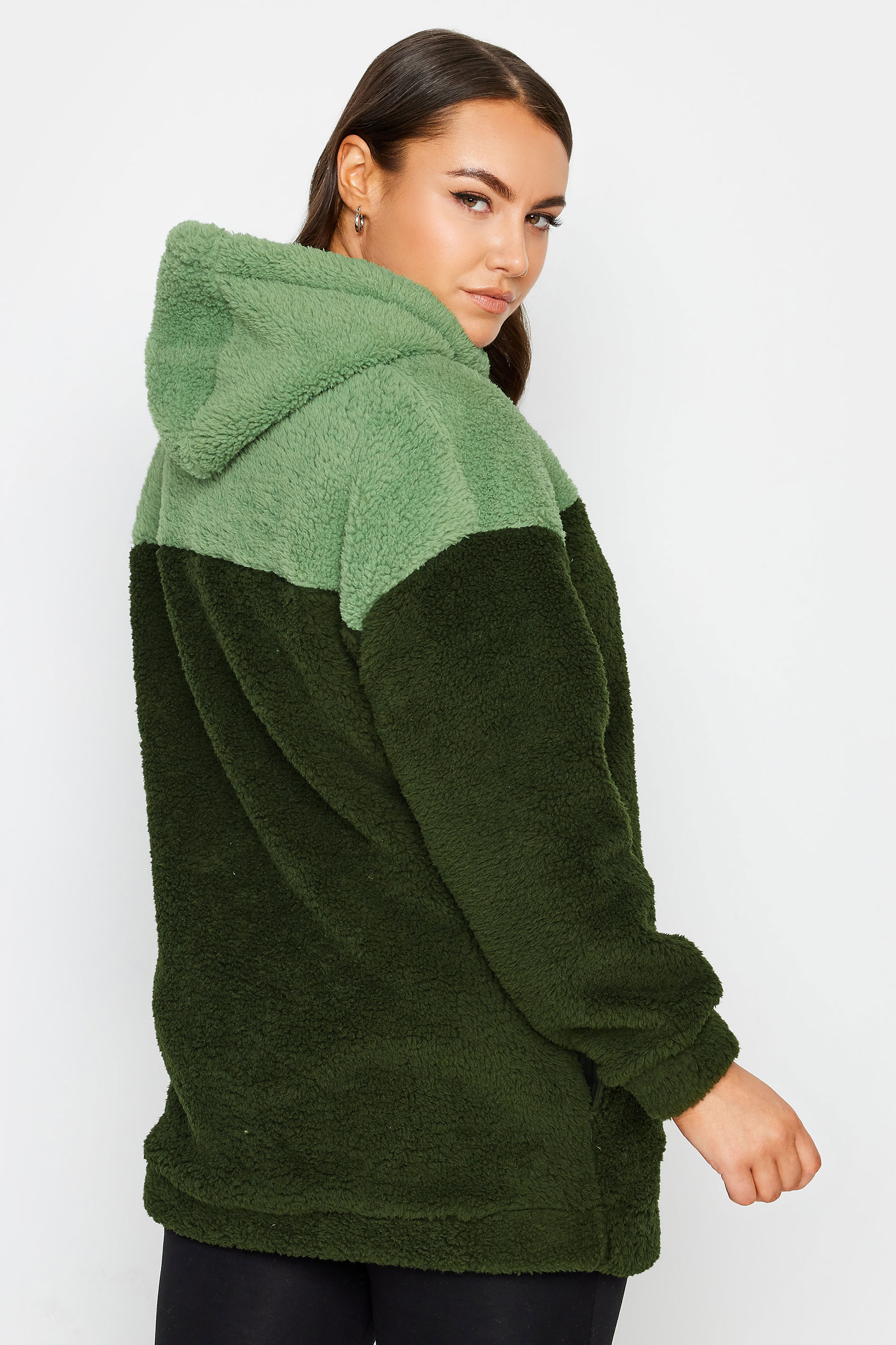 YOURS Plus Size Green Colour Block Teddy Hoodie | Yours Clothing 3