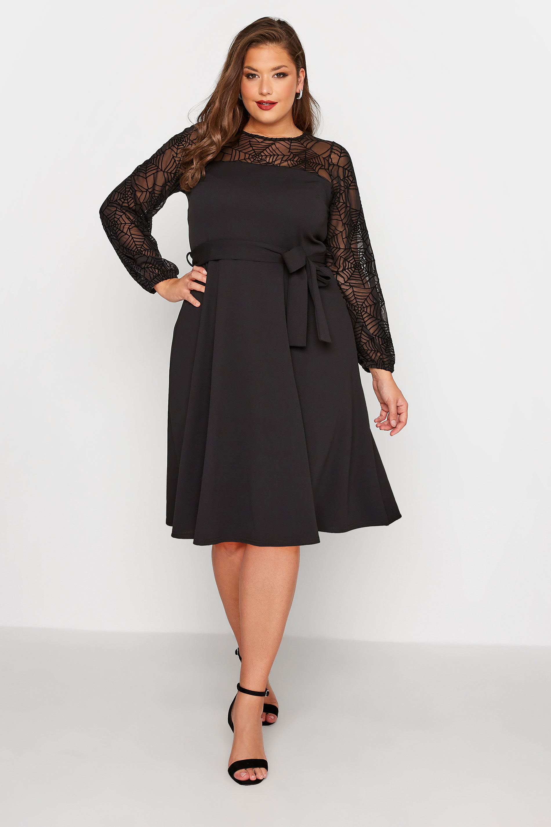 YOURS LONDON Plus Size Black Flocked Halloween Skater Dress | Yours Clothing 1