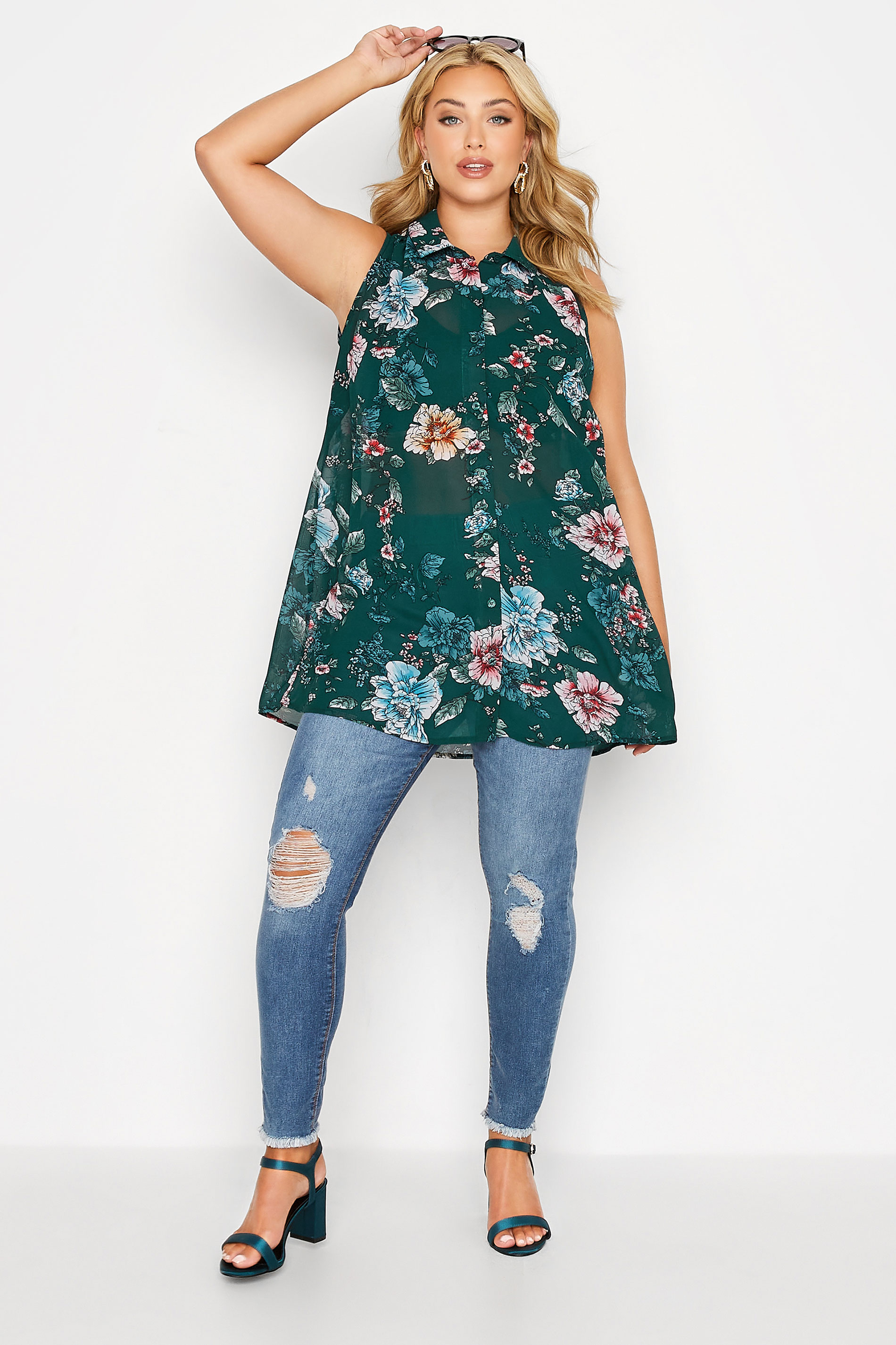 Plus Size Green Floral Sleeveless Swing Blouse | Yours Clothing 2