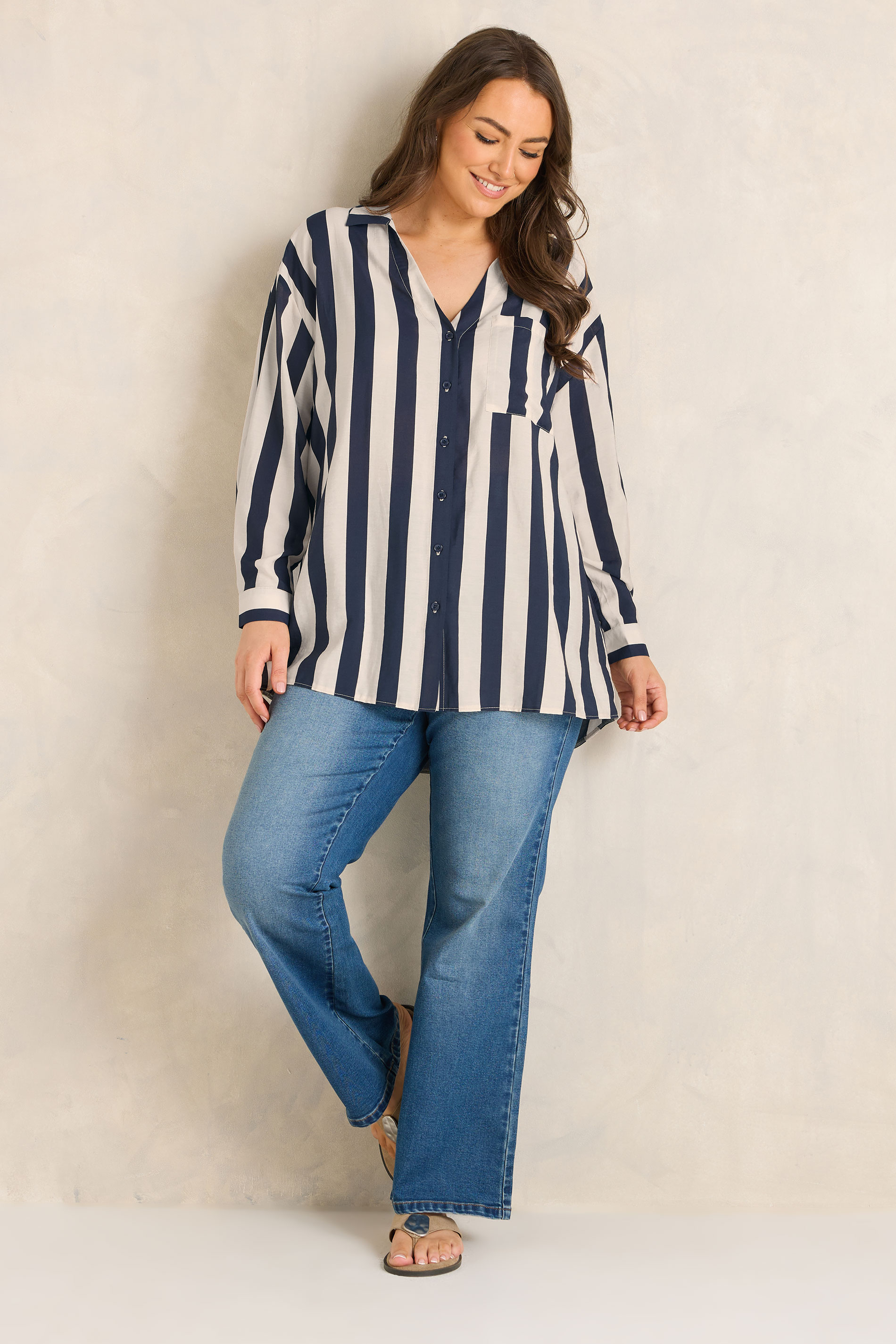 EVANS Plus Size Navy Blue & Cream Striped Shirt | Evans 1