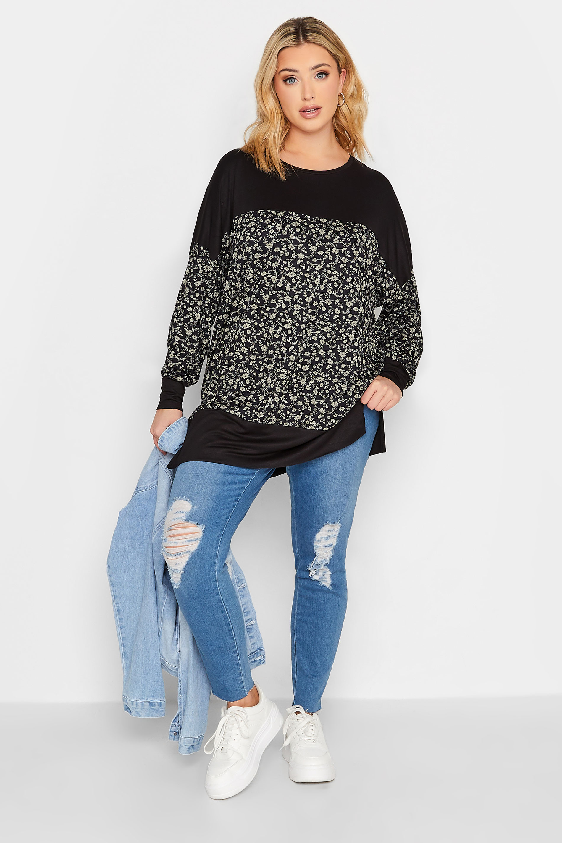 Plus Size Black Floral Print Long Sleeve Top | Yours Clothing  2
