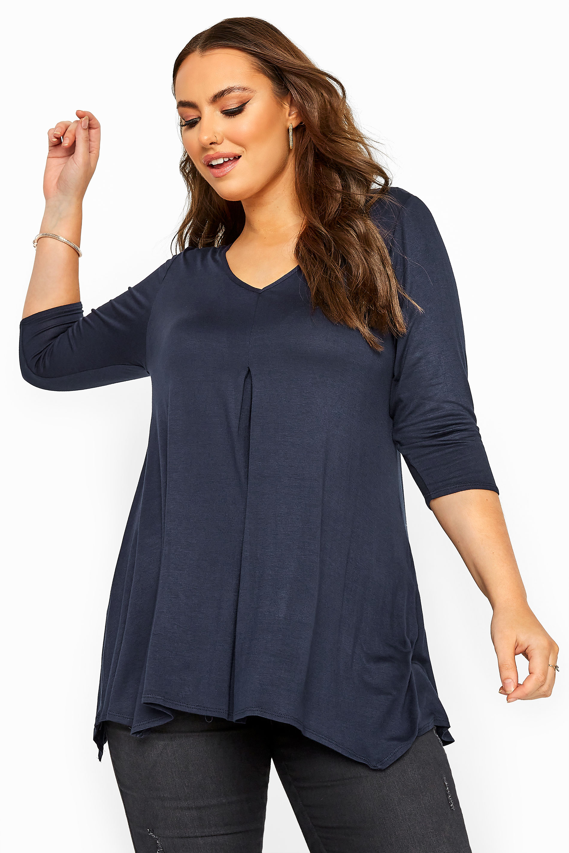 Navy Pleated Hanky Hem Top | Yours Clothing