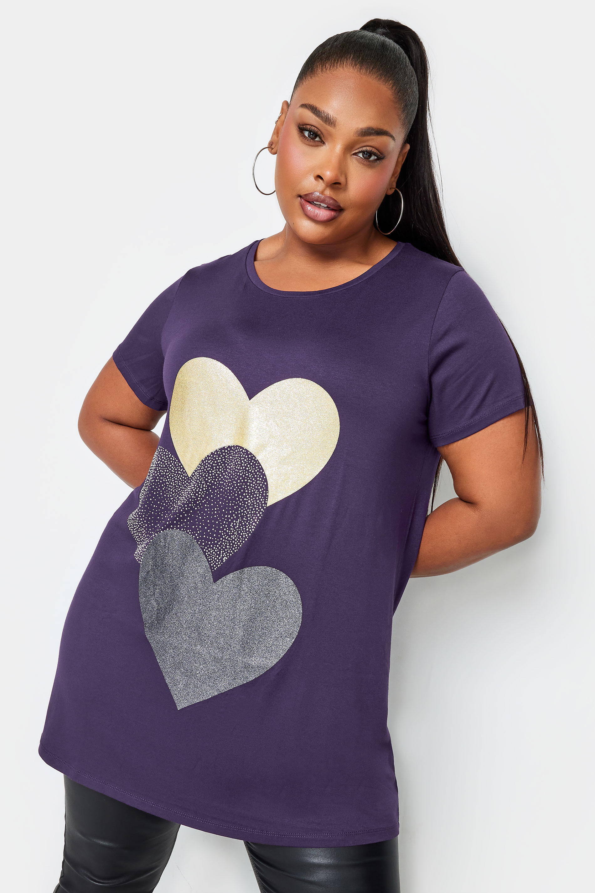 YOURS Plus Size Purple Glitter Heart Print T-Shirt | Yours Clothing  1