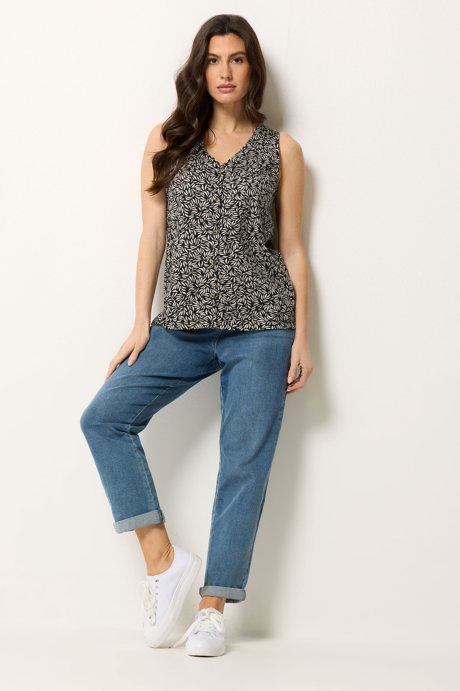 M&Co Black Leaf Print Button Detail Cotton Vest Top | M&Co 1
