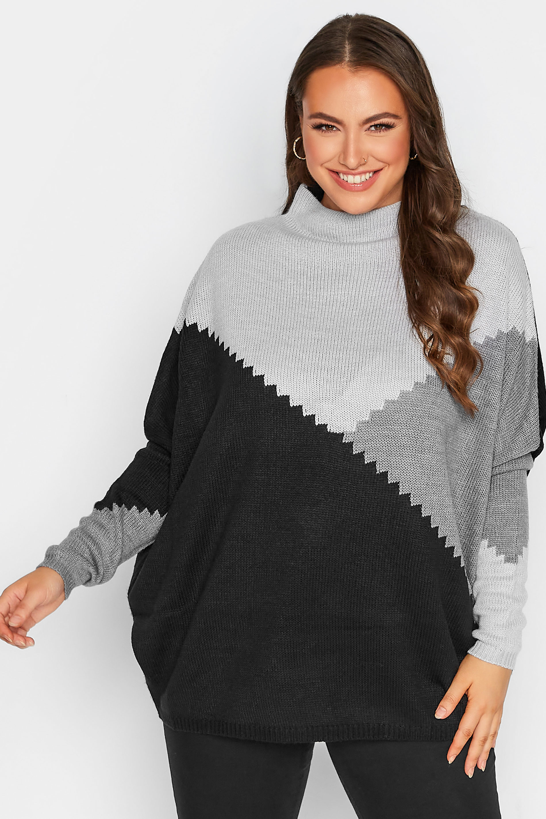 Plus Size Black & Grey Colour Block Oversized Knitted Jumper | Yours Clothing 1
