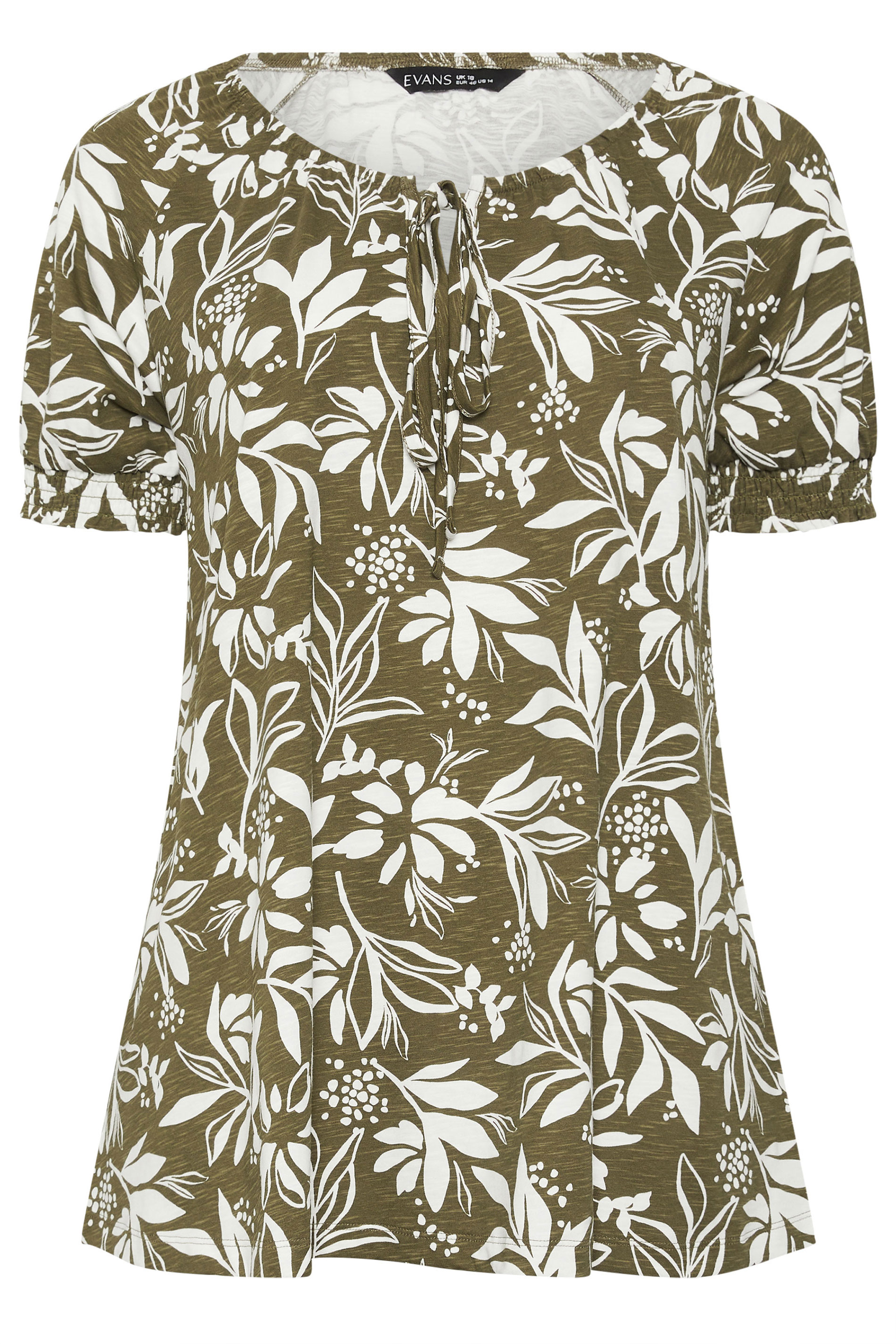 EVANS Plus Size Green Khaki Leaf Print Cotton Top | Evans 5