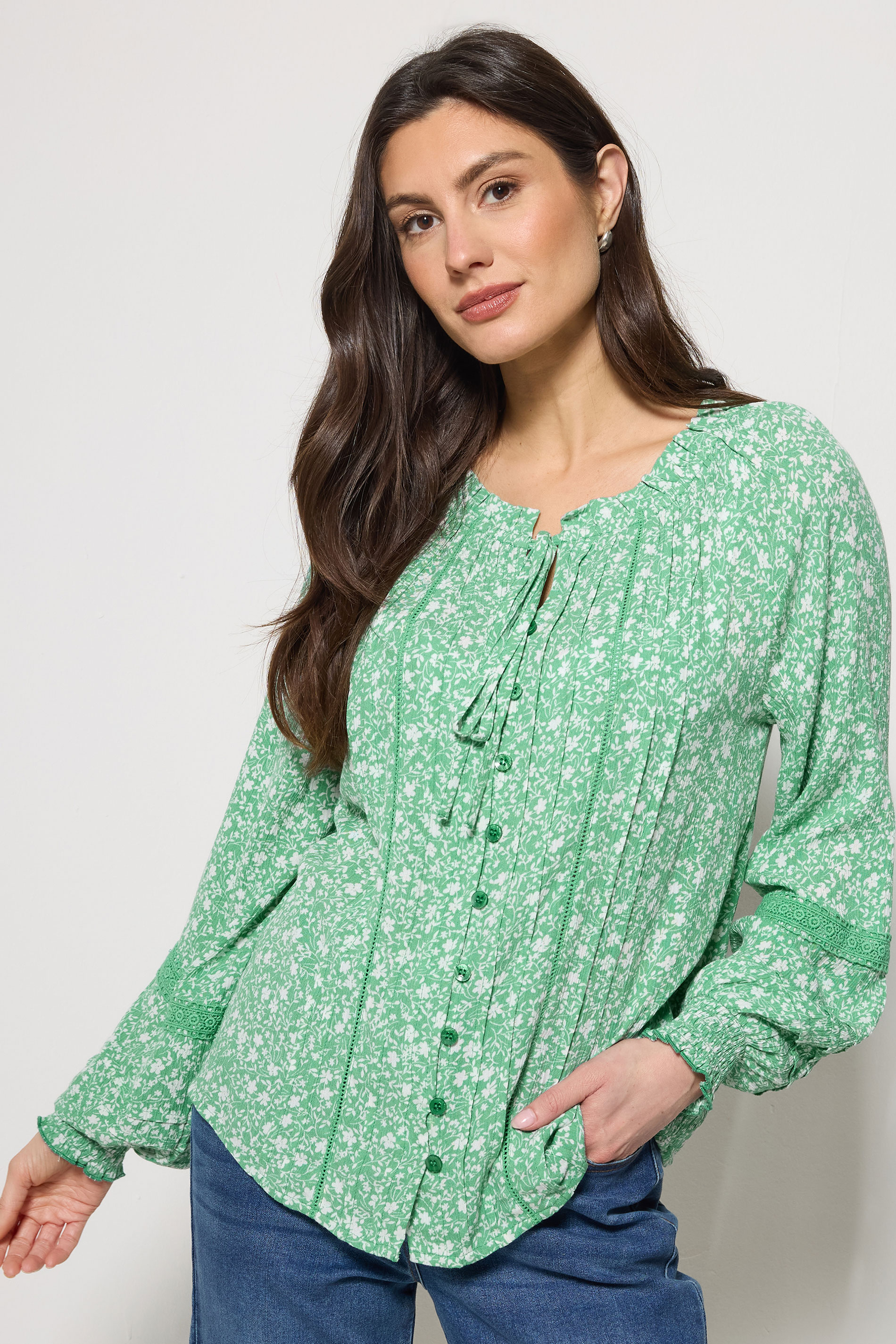 M&Co Green Floral Trim Detail Tie Neck Blouse | M&Co 3
