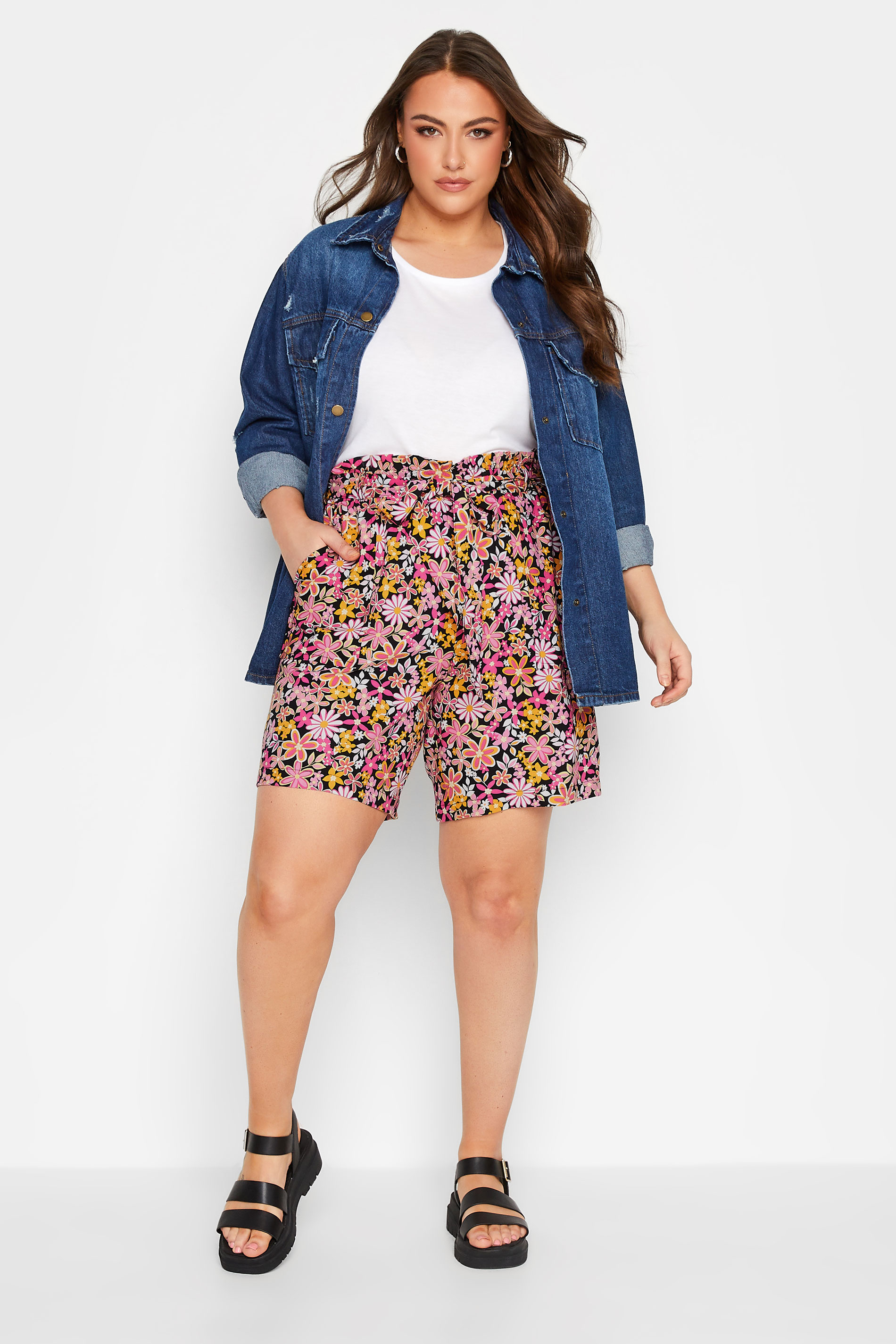 YOURS Plus Size Black Floral Print Paperbag Waist Shorts | Yours Clothing 2