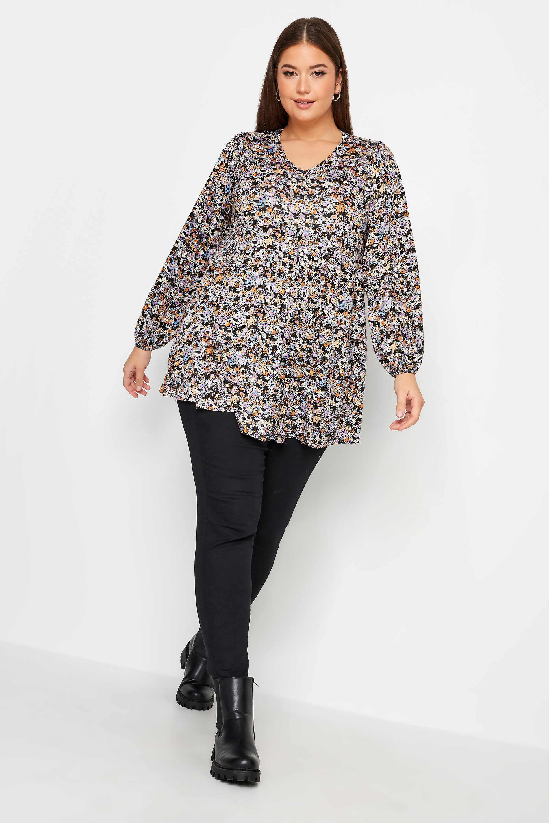 YOURS Plus Size Black Floral Print Long Sleeve Swing Top | Yours Clothing 2