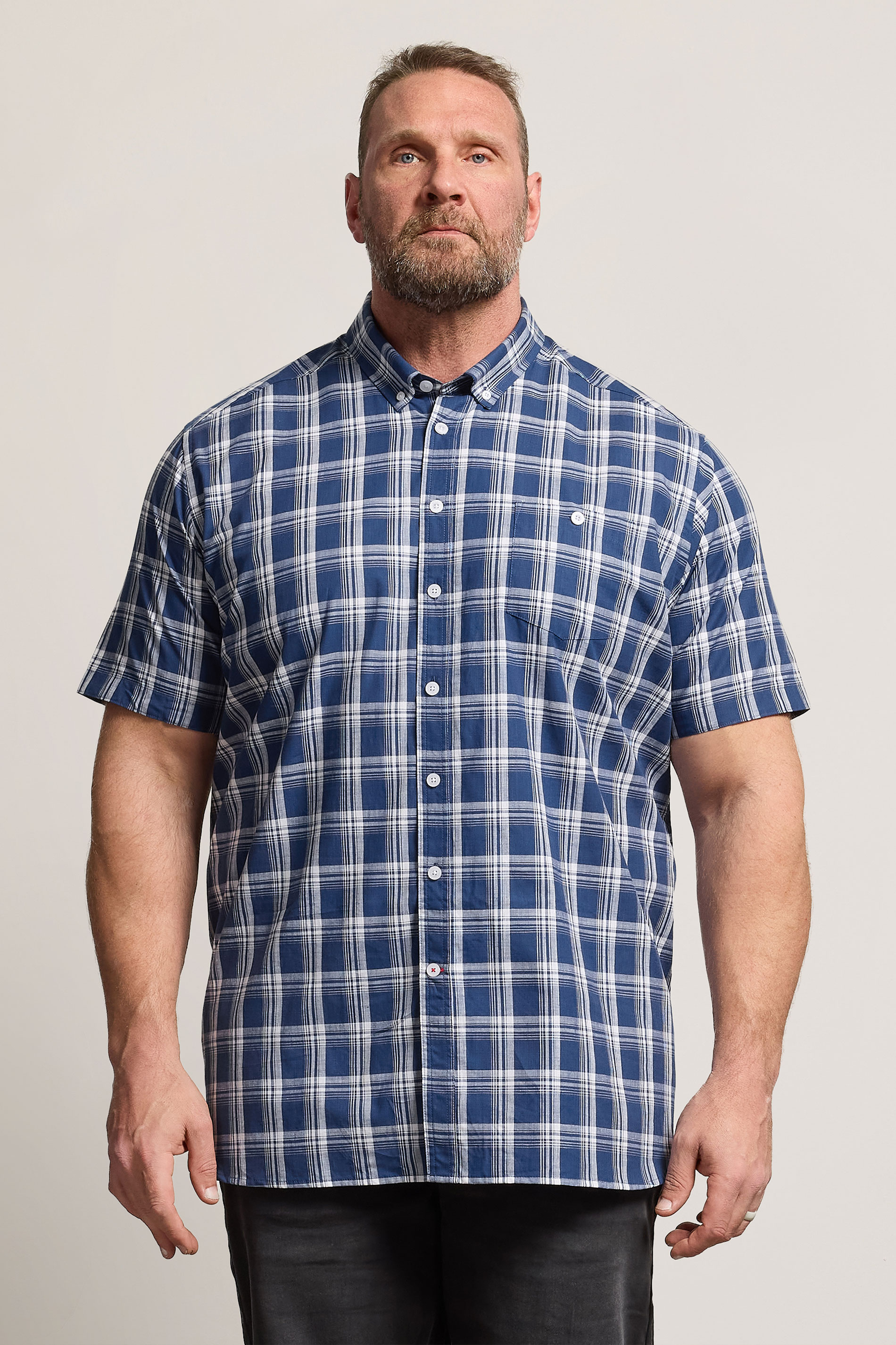 D555 Big & Tall Navy Blue Check Pocket Short Sleeve Shirt | BadRhino 3