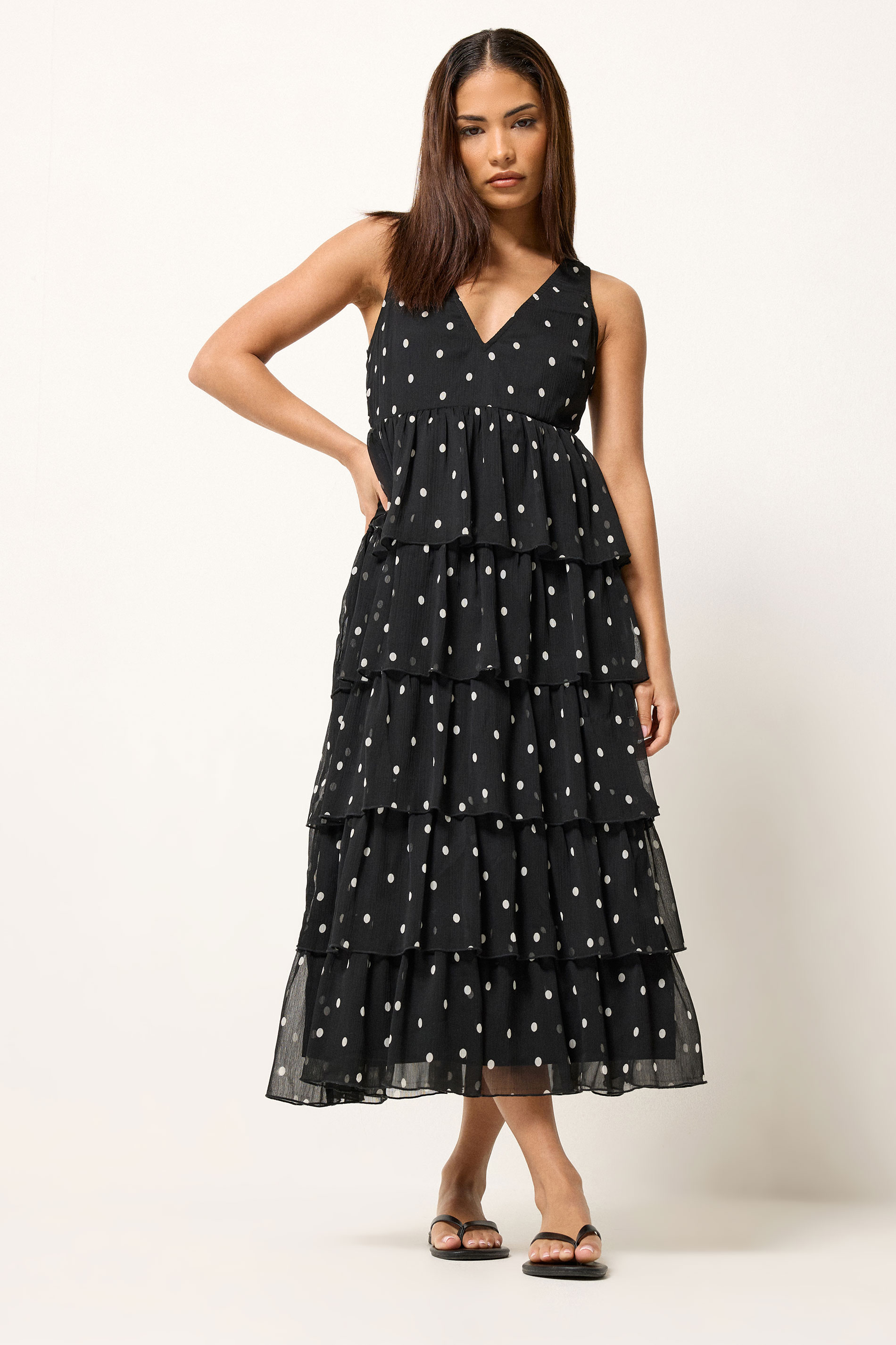 PixieGirl Petite Women's Black Polka Dot Chiffon Midi Dress | PixieGirl 1