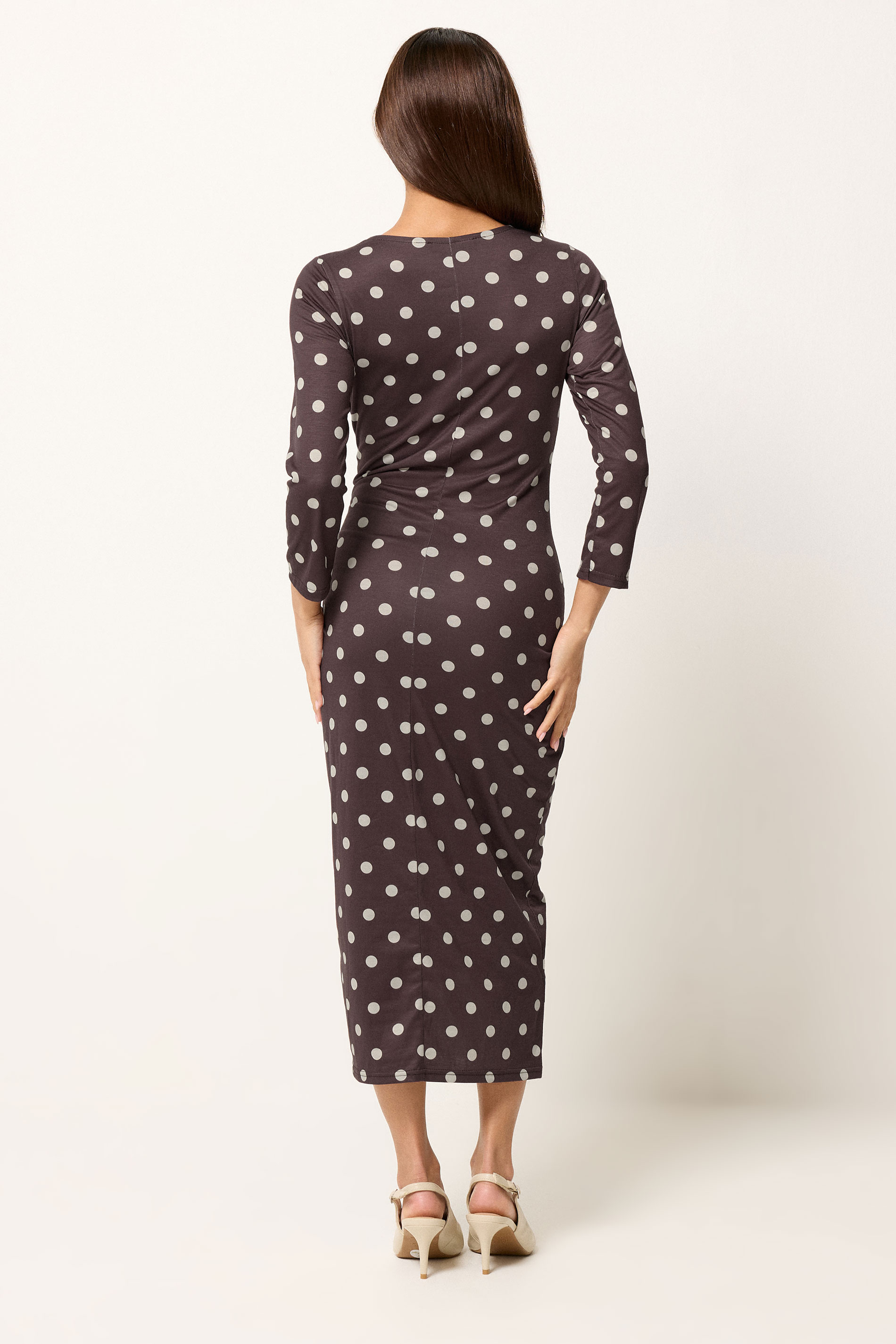 PixieGirl Petite Women's Chocolate Brown Polka Dot Twist Front Midi Dress | PixieGirl 4