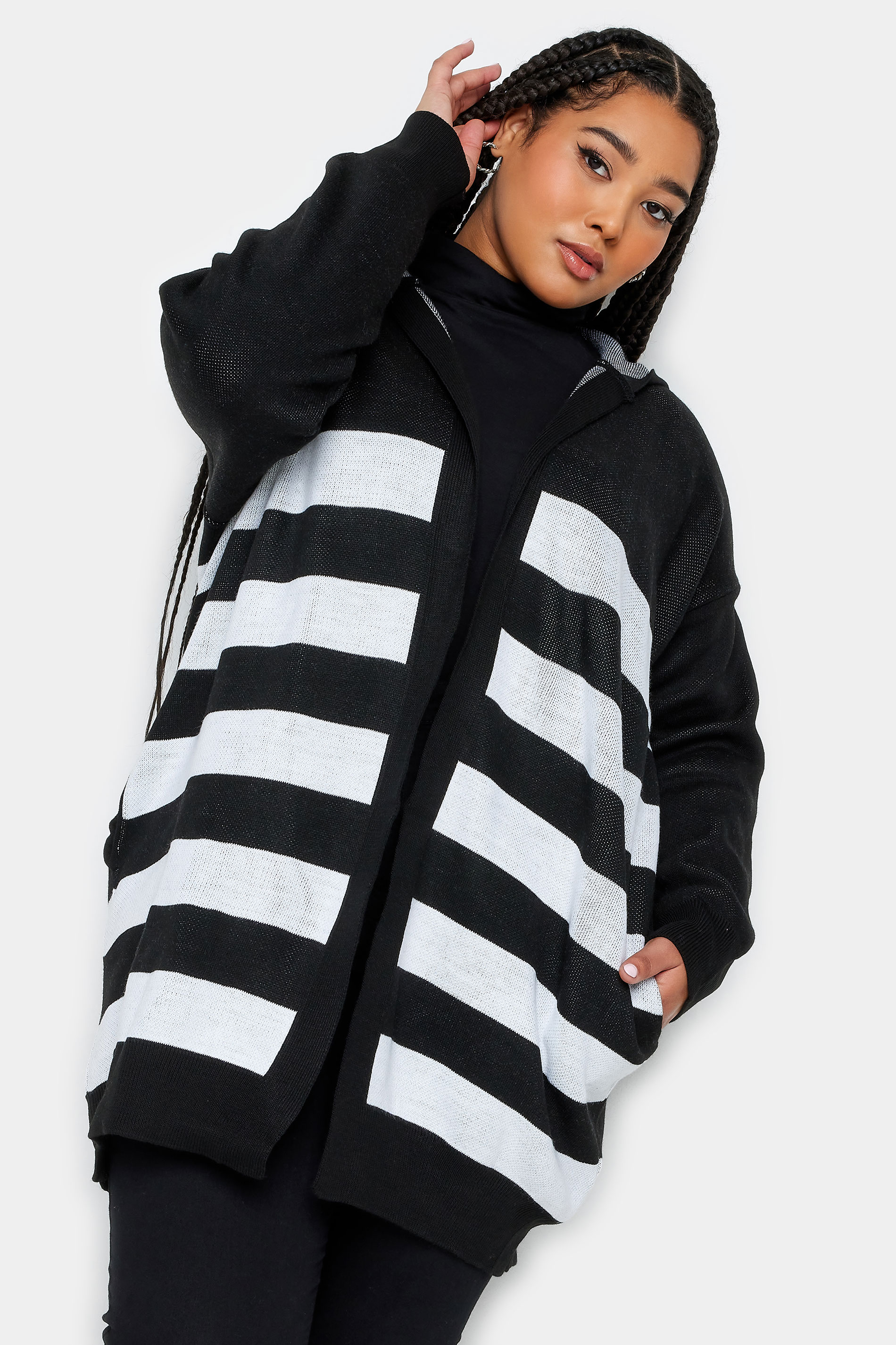 YOURS Plus Size Black Stripe Hooded Cardigan | Yours Clothing 1
