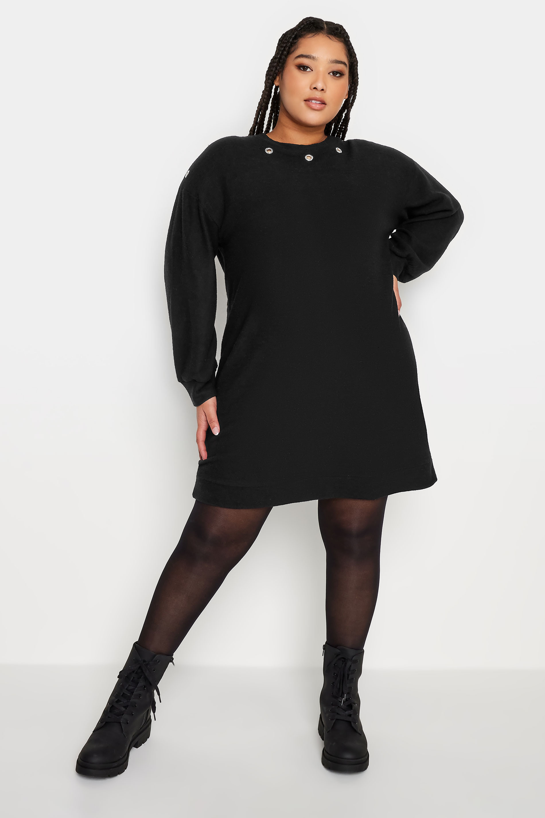 YOURS Plus Size Black Eyelet Soft Touch Jumper Dress | Yours Clothing