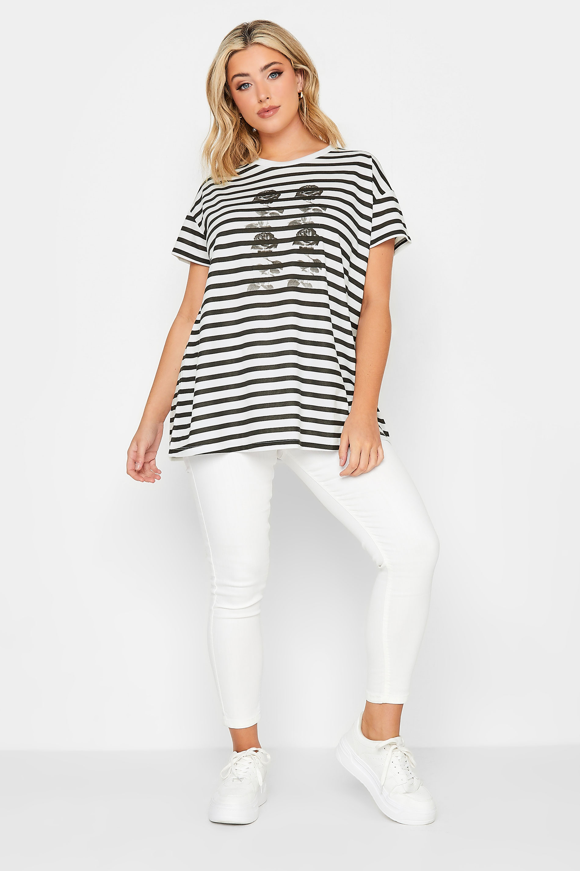 YOURS Plus Size Black Stripe Rose Print T-Shirt | Yours Clothing 2