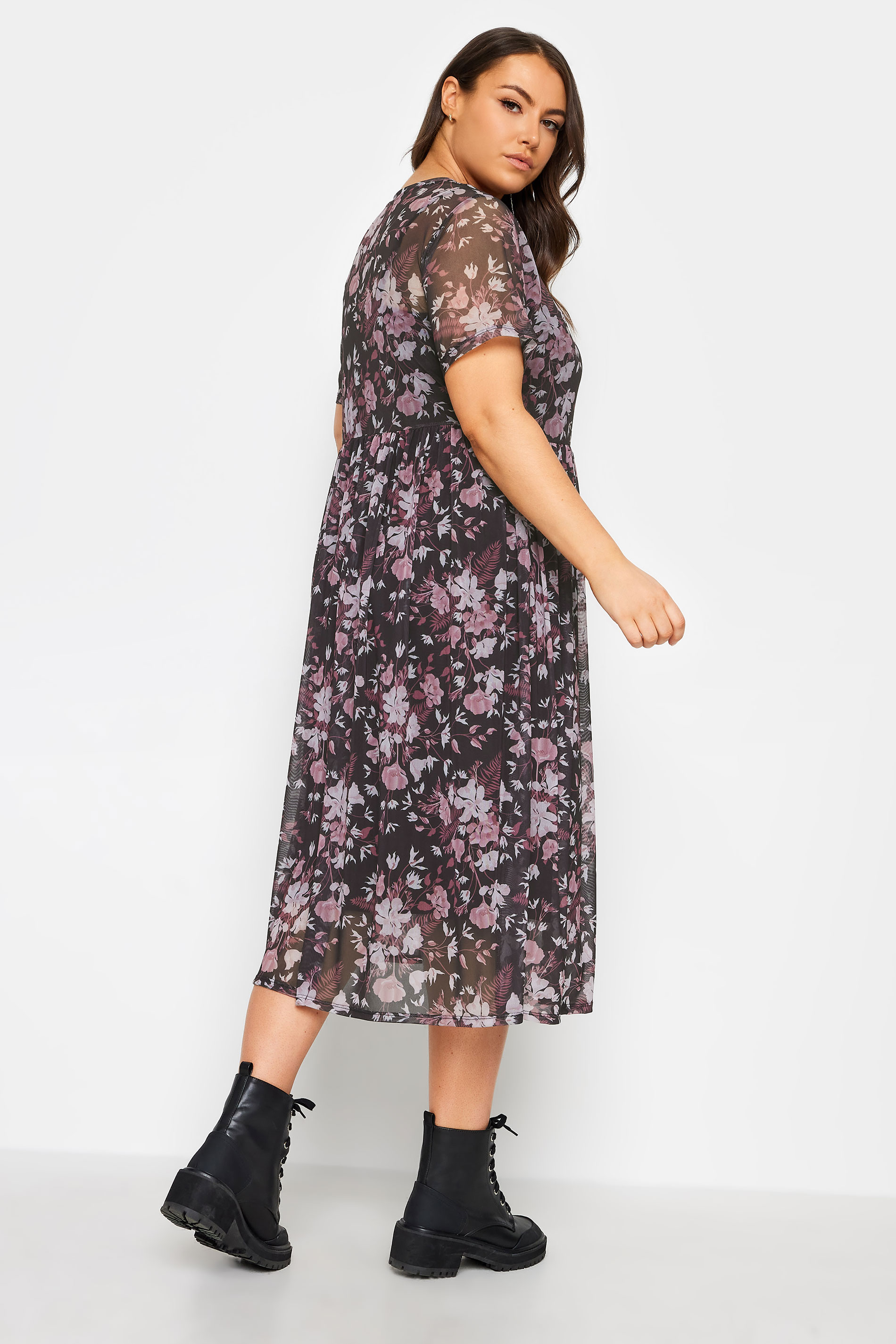 YOURS Plus Size Black Floral Print Mesh Smock Dress | Yours Clothing 3