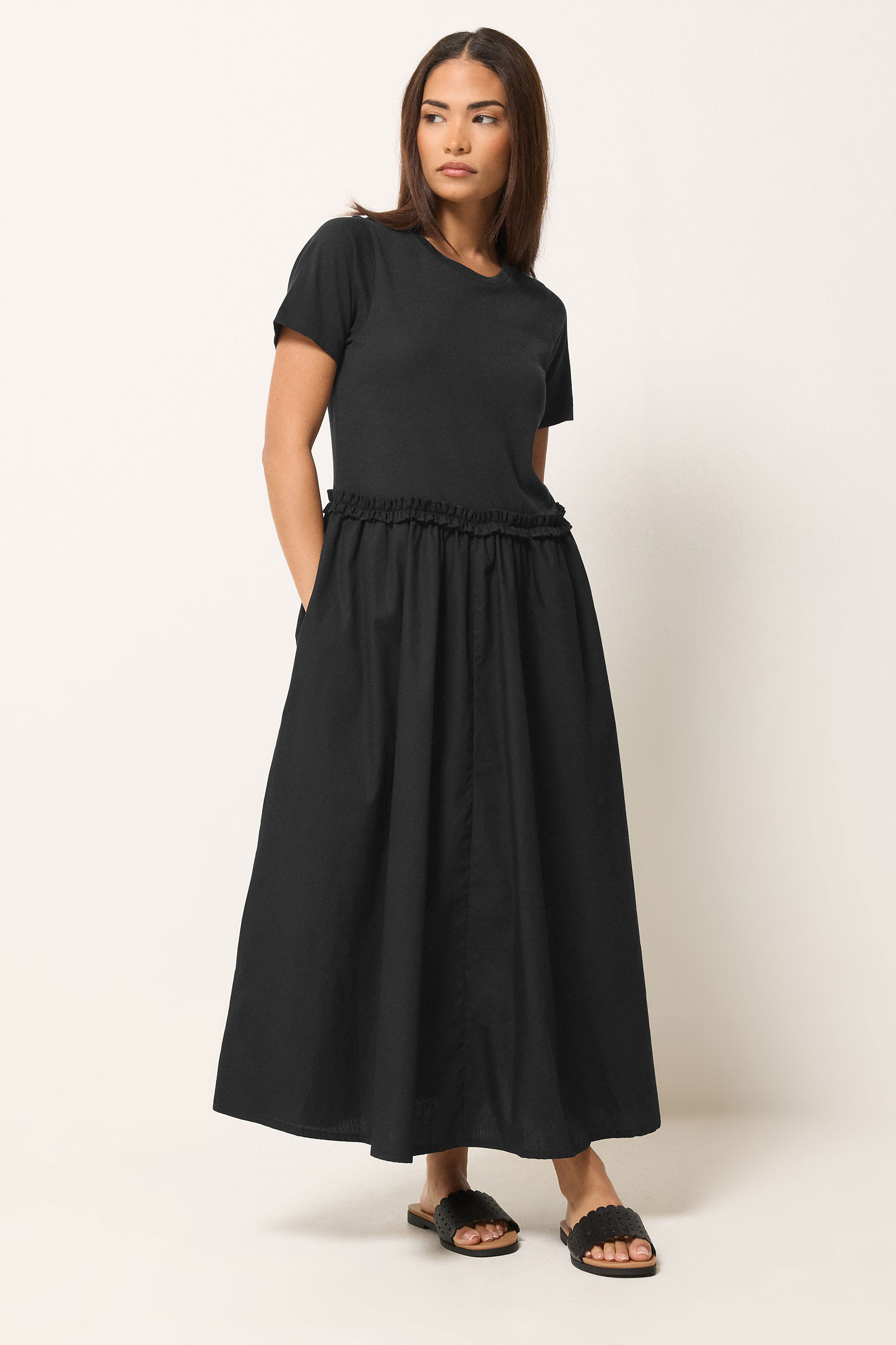 PixieGirl Petite Women's Black Mixed Ruffle Cotton Midi Dress | PixieGirl  3