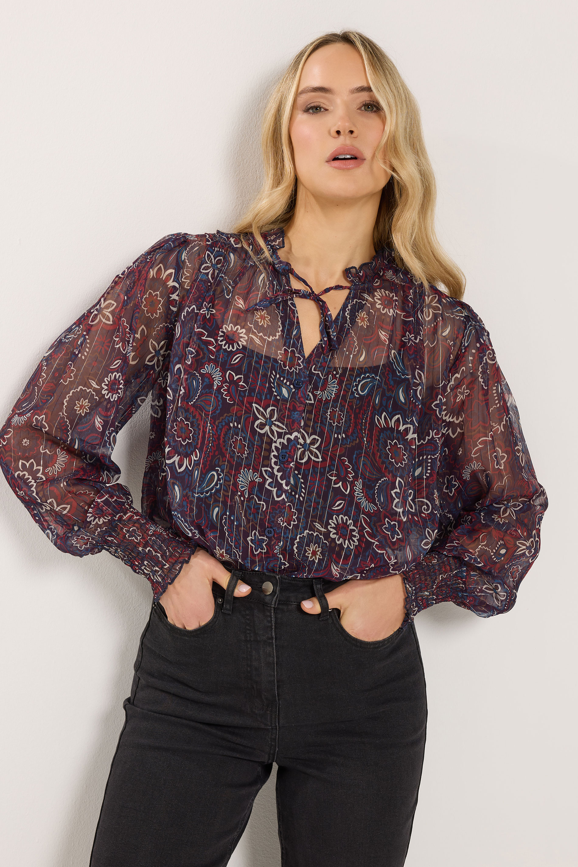 LTS Tall Dark Red Paisley Frill Neck Blouse | Long Tall Sally 3