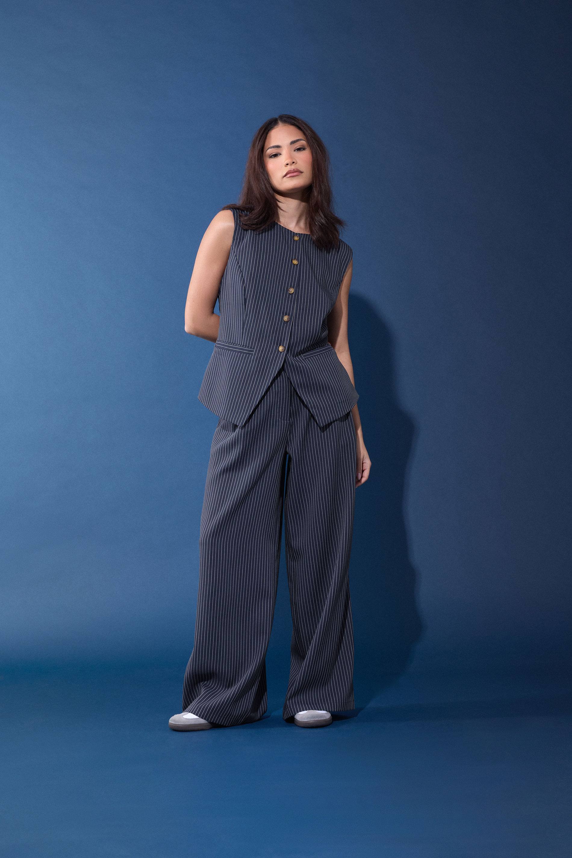 PixieGirl Petite Women's Navy Blue Pinstripe Wide Leg Trousers | PixieGirl 3