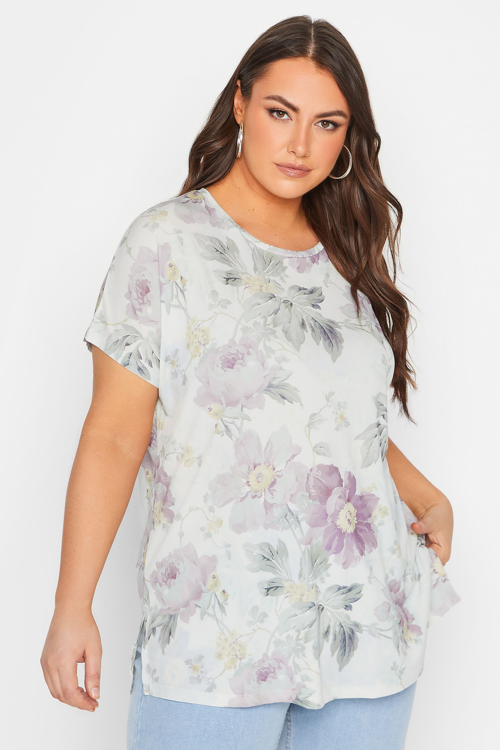 YOURS Curve Plus Size White Floral Print T-Shirt | Yours Clothing  1