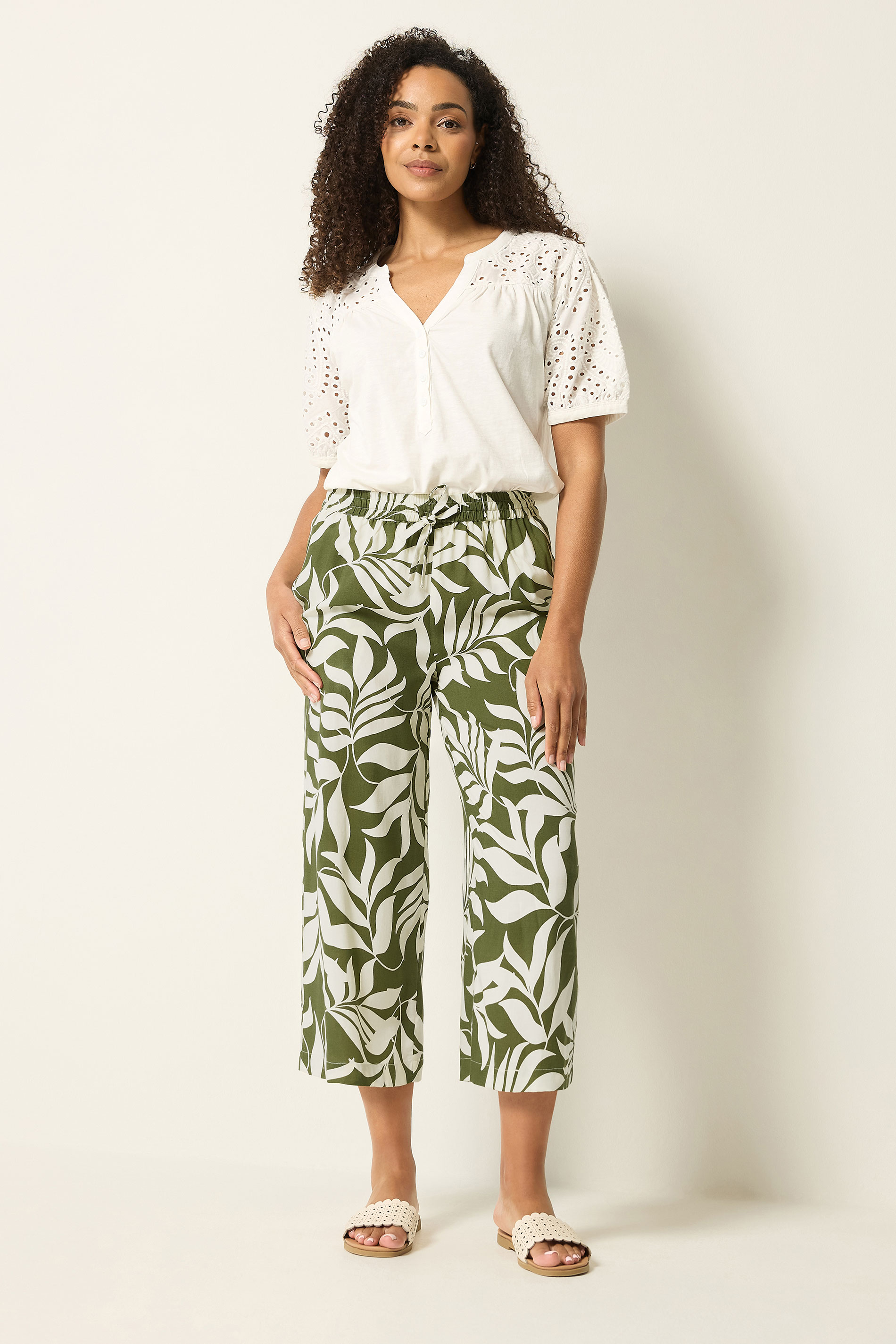 M&Co Khaki Green Leaf Print Cropped Trousers | M&Co 3