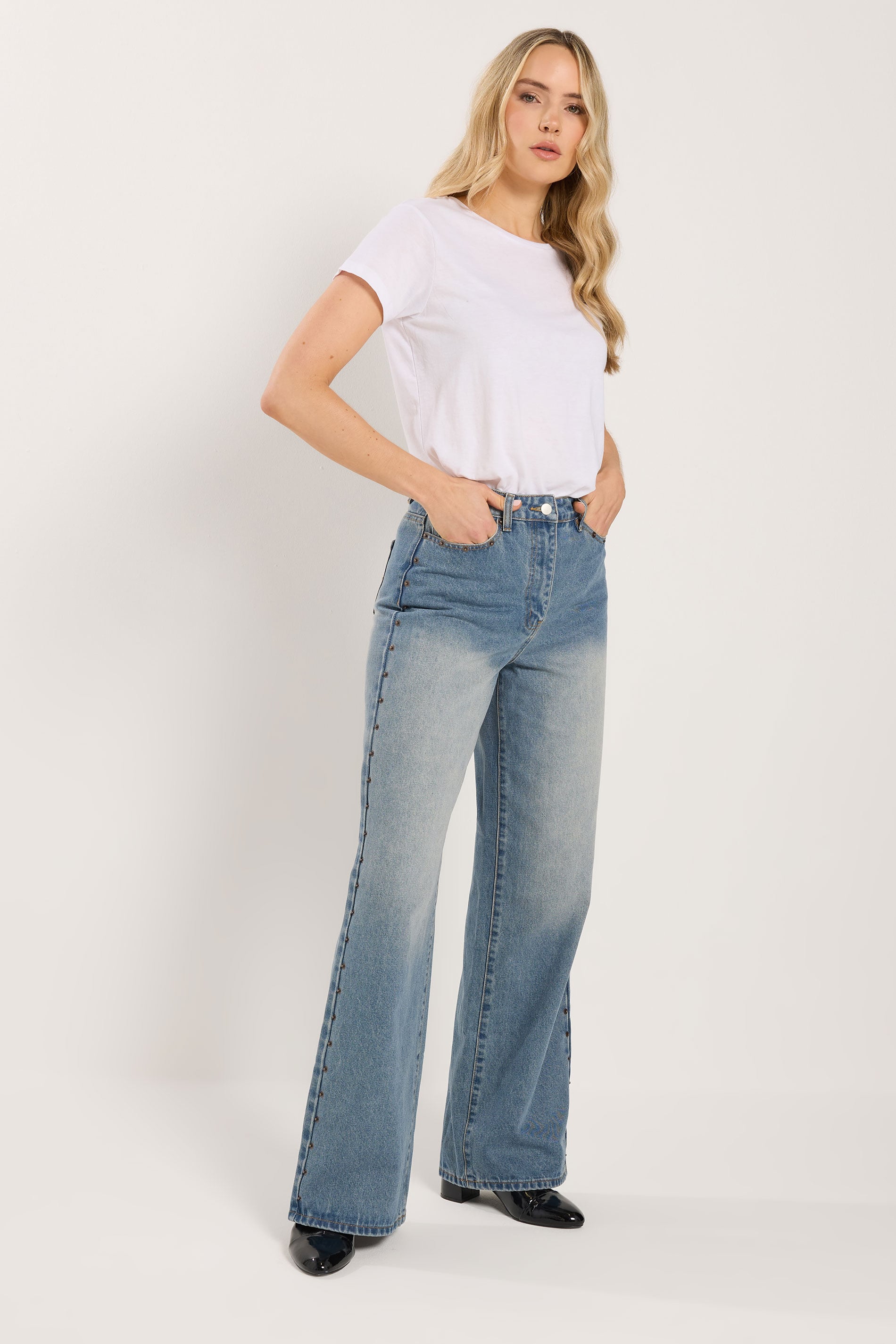 LTS Tall Women's Light Blue Wash Studded Cotton Wide Leg Jeans | Long Tall Sally 3