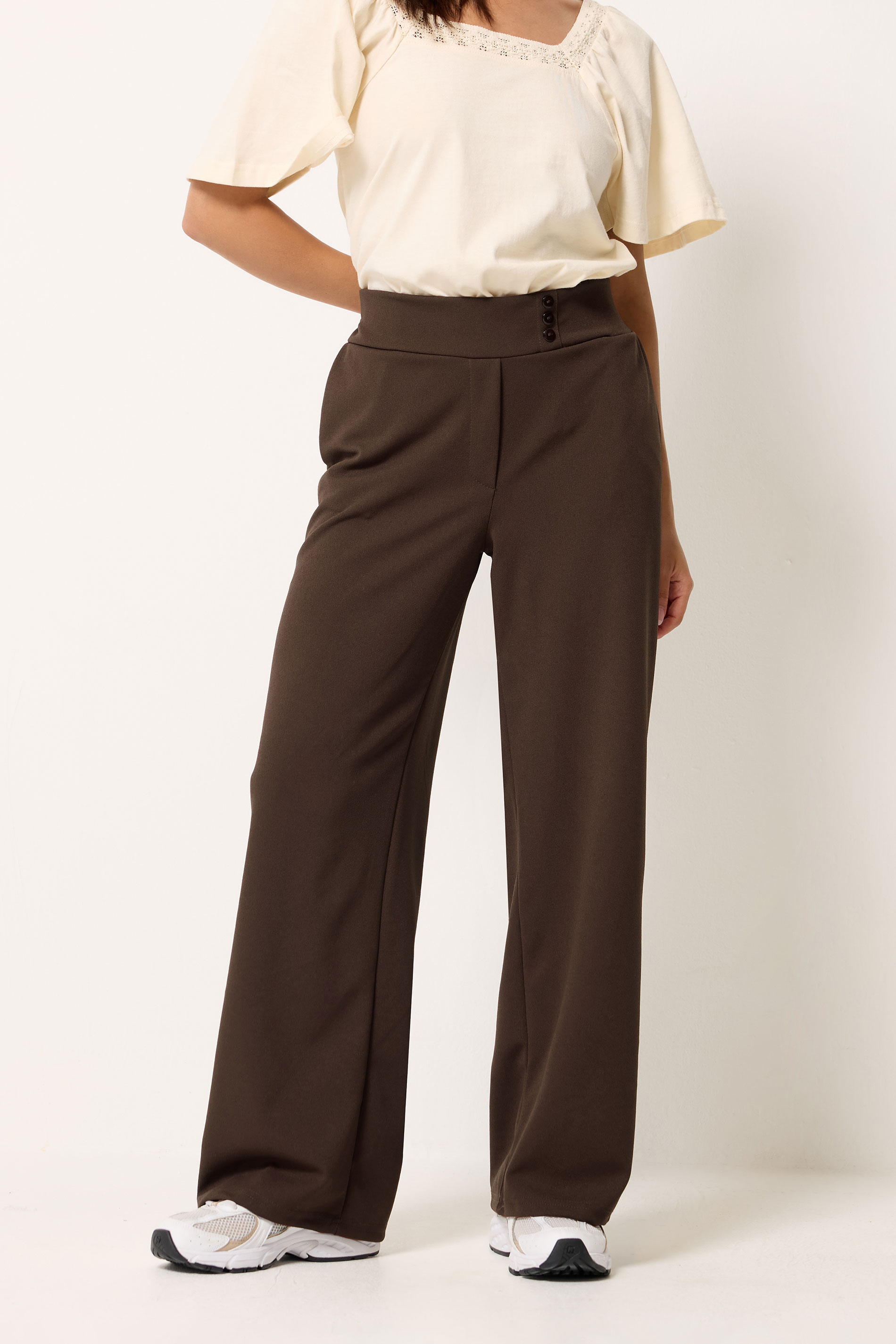 PixieGirl Petite Women's Chocolate Brown Scuba Button Trousers | PixieGirl 1