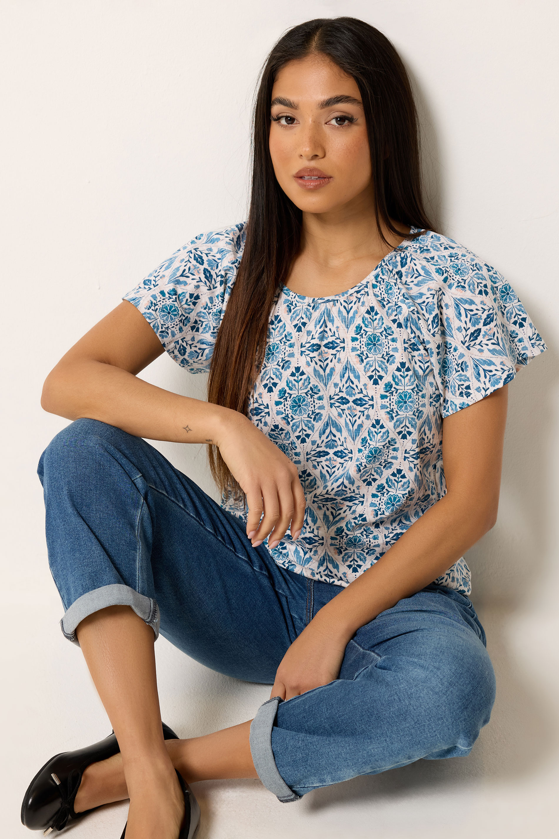 M&Co Petite Blue Floral Cotton Scoop Neck Top | M&Co 3