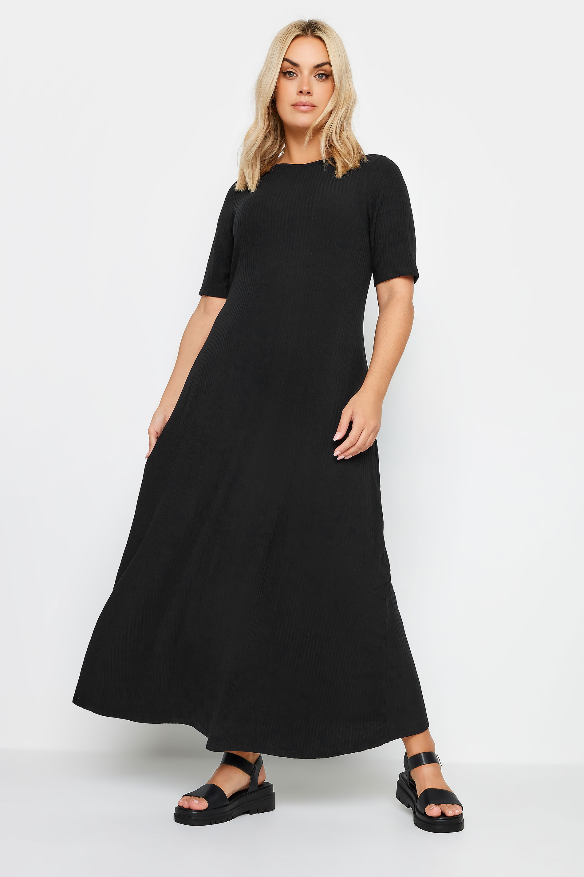 YOURS Plus Size Black Swing Ribbed Maxi Dress | Yours Clothing 1