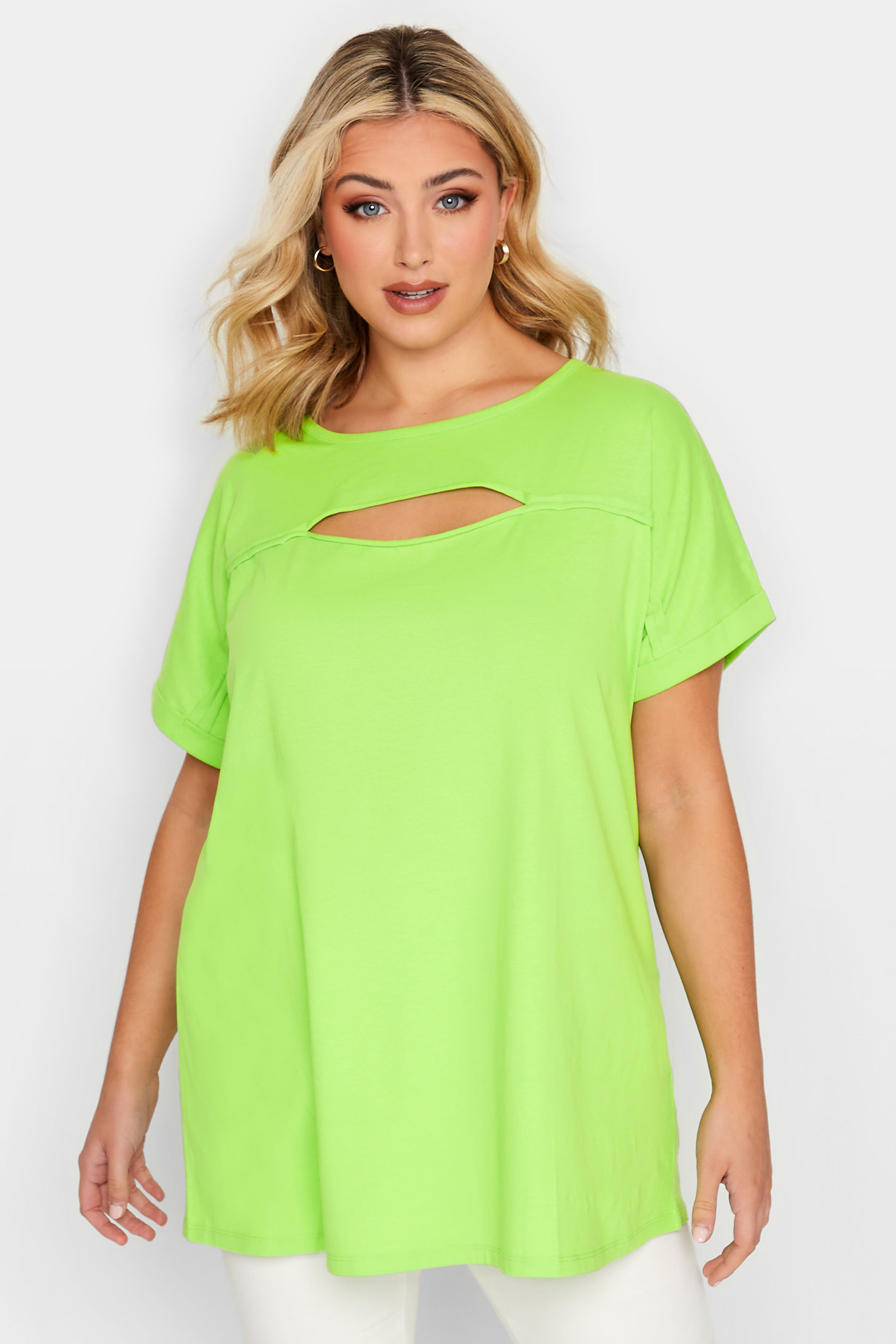 YOURS Plus Size Lime Green Cut Out T-Shirt | Yours Clothing 1