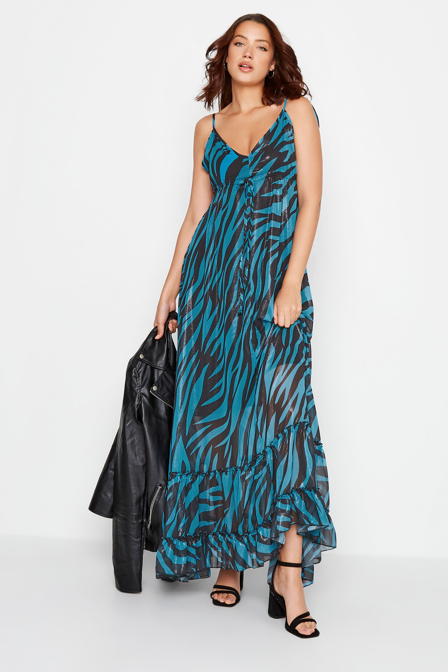 LTS Tall Women's Blue Animal Print Shimmer Frill Detail Maxi Dress | Long Tall Sally 1