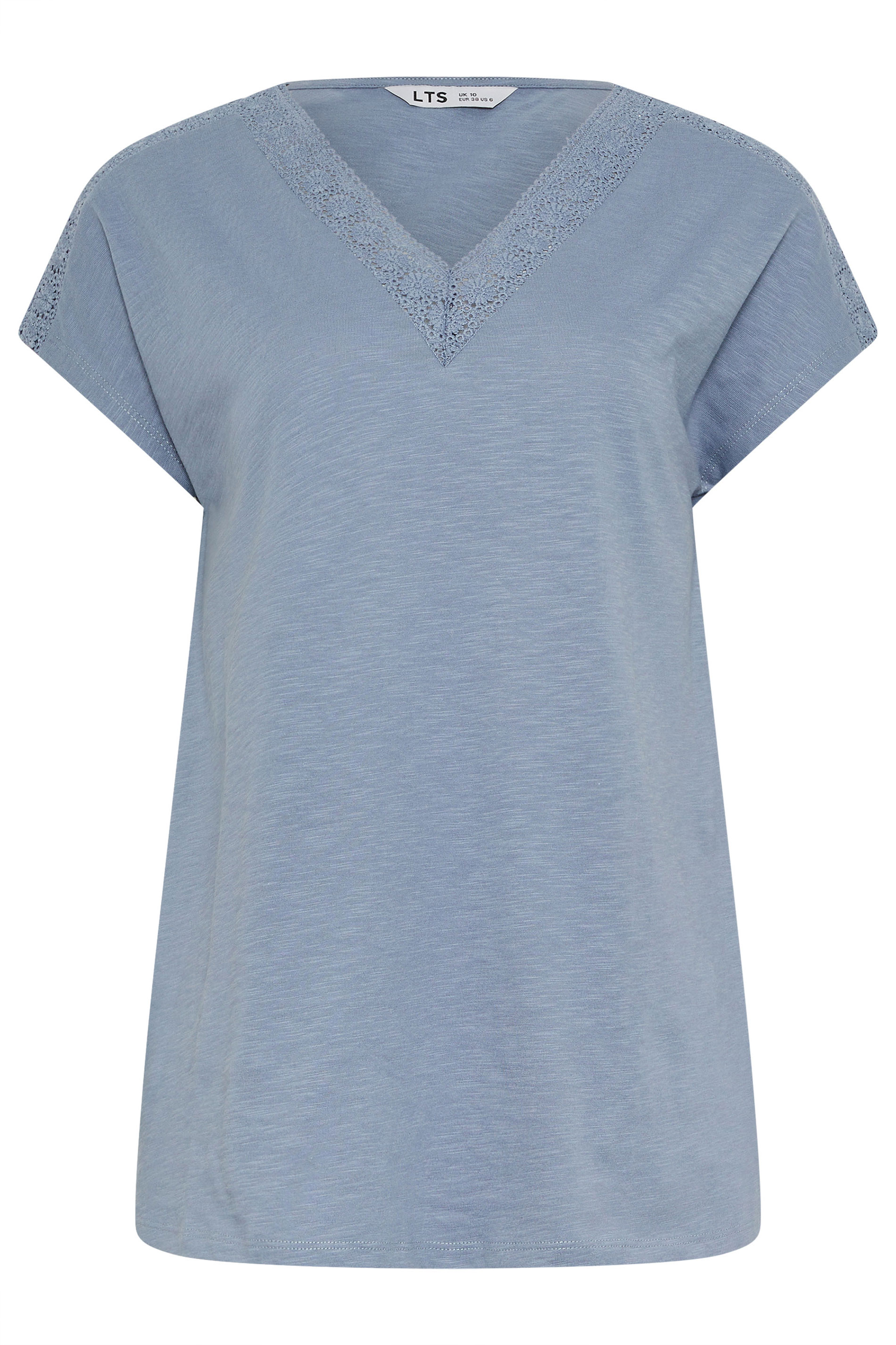 LTS Tall Women's Mid Blue Lace Cotton V-Neck T-Shirt | Long Tall Sally 5