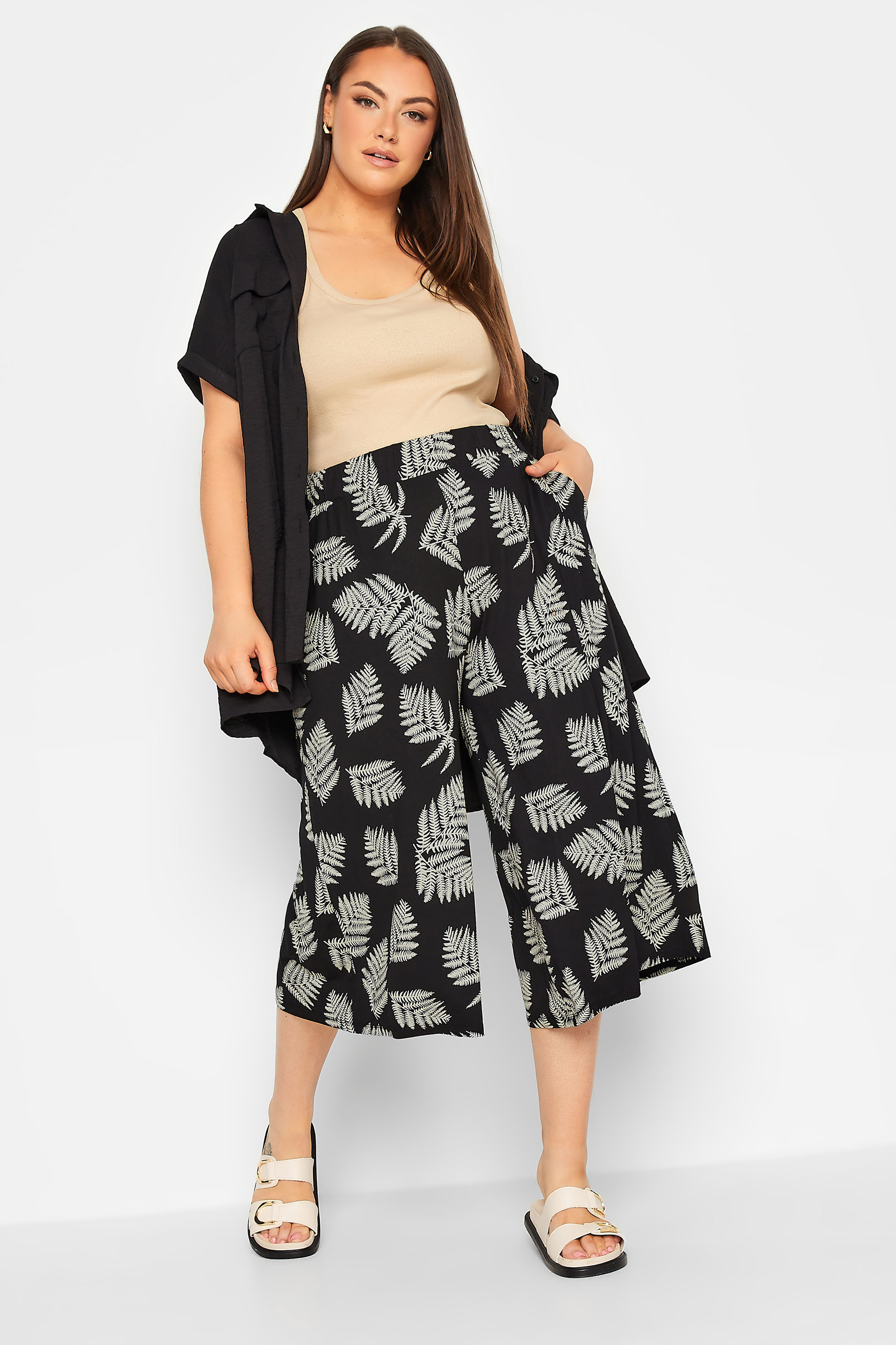YOURS Curve Black & Natural Leaf Print Midaxi Culottes | Yours Clothing 2