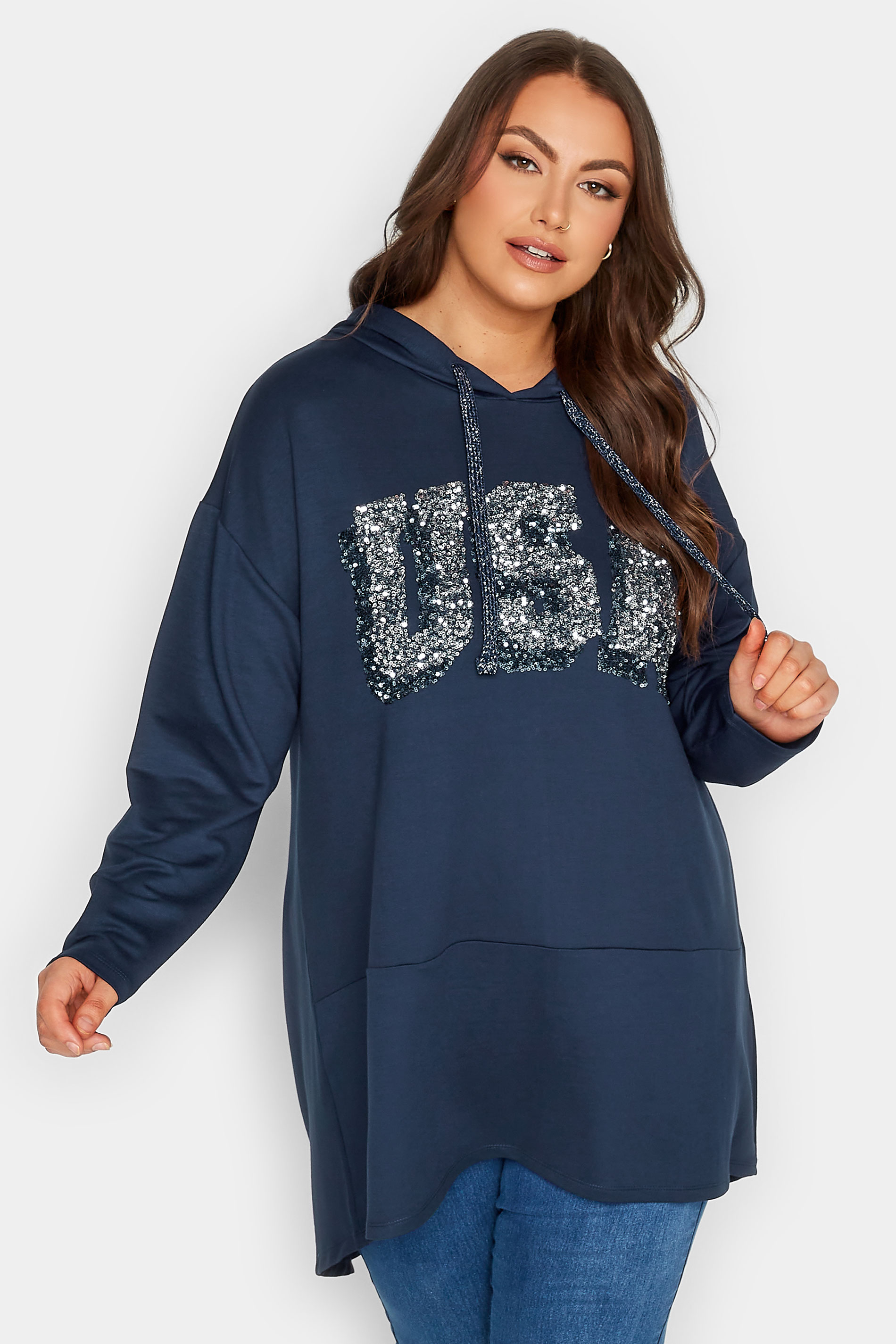 YOURS Plus Size Curve Navy Blue 'USA' Slogan Longline Hoodie | Yours Clothing  1