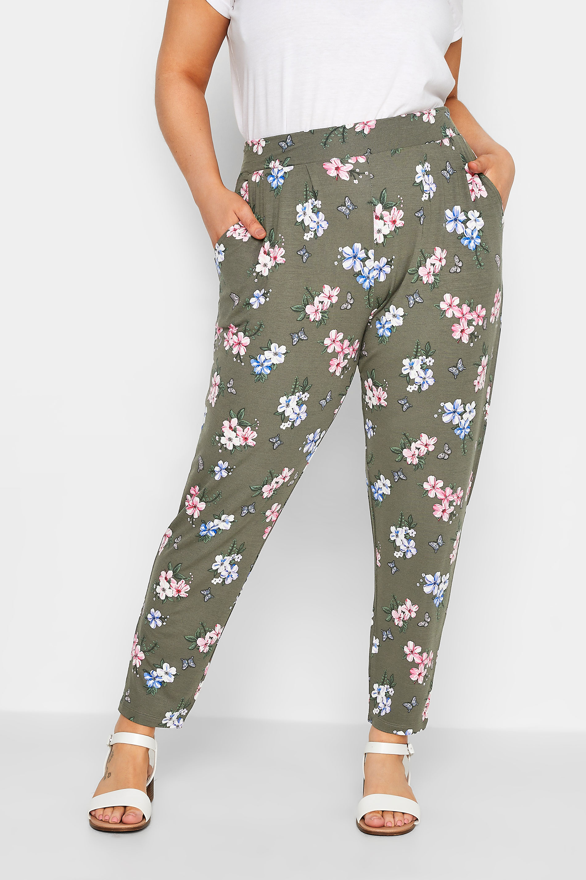 YOURS Plus Size Khaki Green Butterfly Print Harem Trousers | Yours Clothing 1