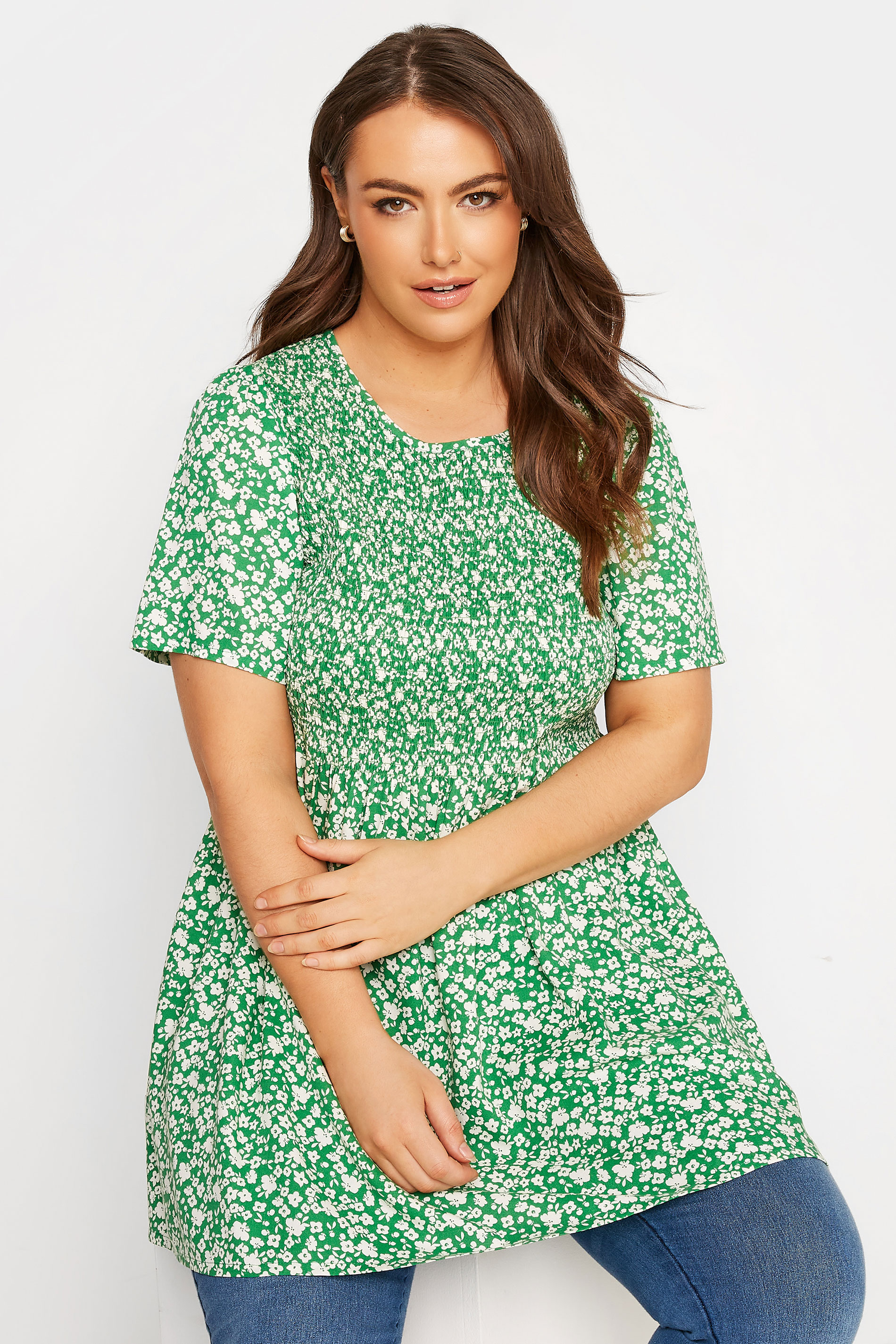 Curve Green Floral Print Shirred Top 1