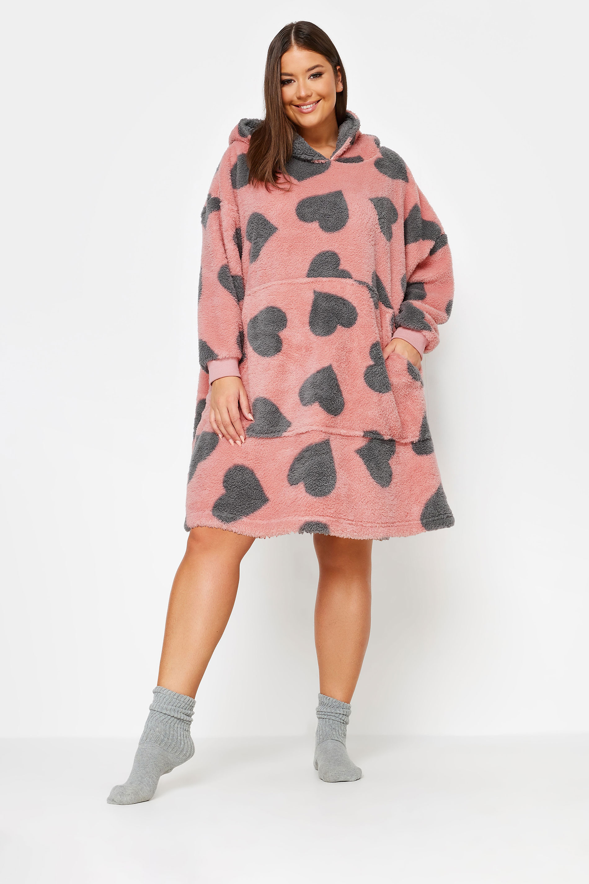 YOURS Plus Size Pink & Grey Heart Print Snuggle Hoodie | Yours Clothing 2