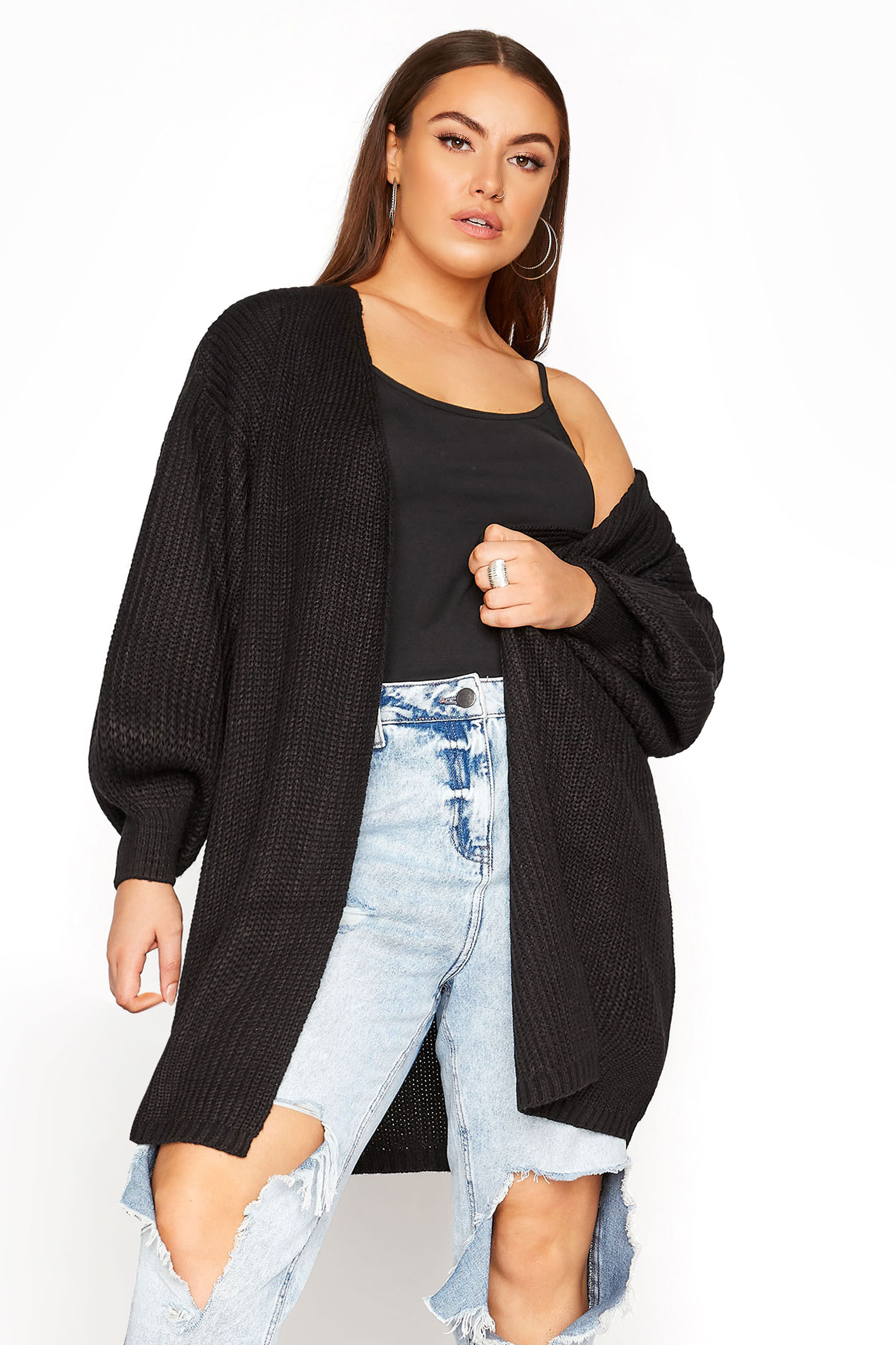 Curve Black Balloon Sleeve Knitted Cardigan 1