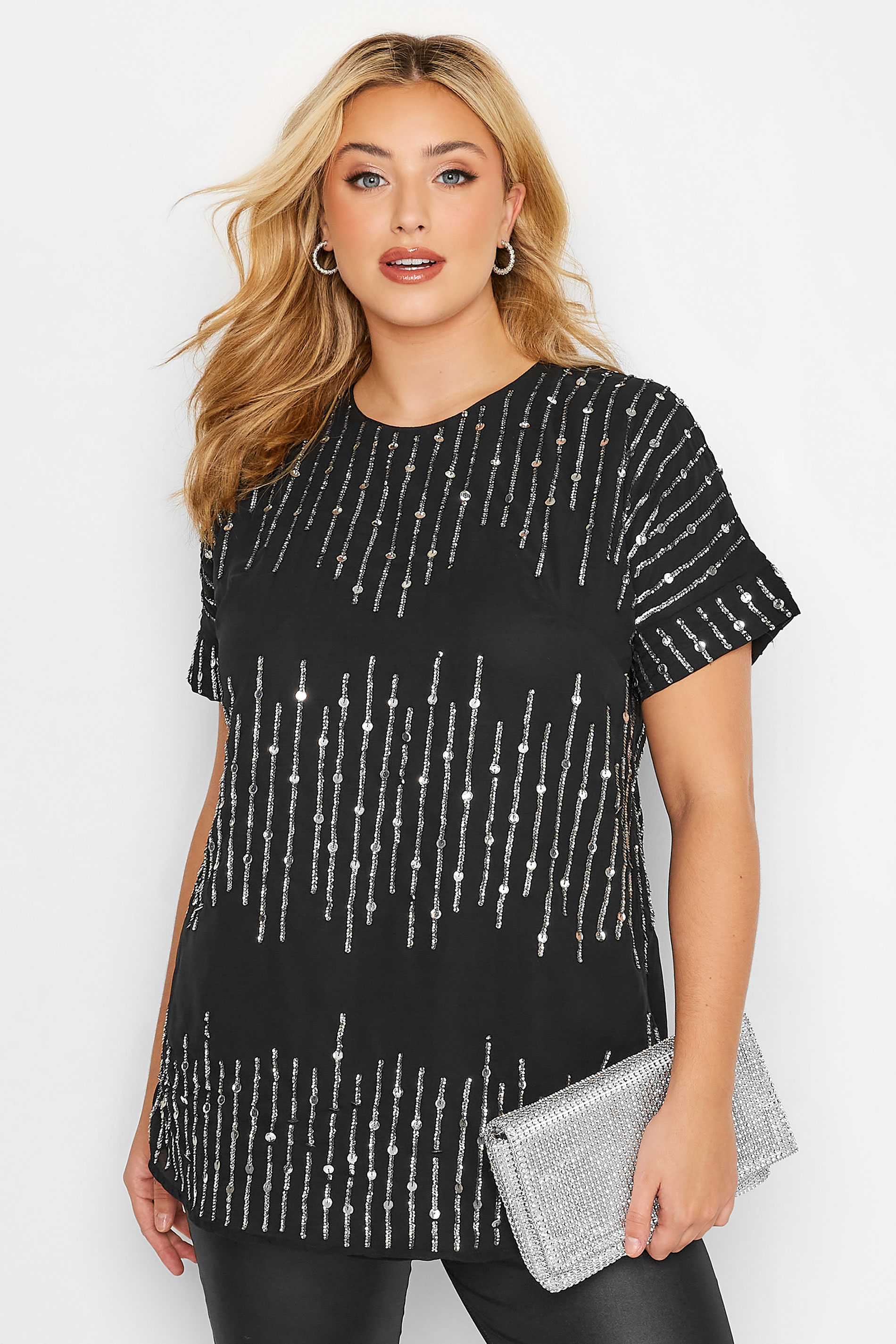Plus Size LUXE Curve Black Sequin Hand Embellished Top | Yours Clothing 1
