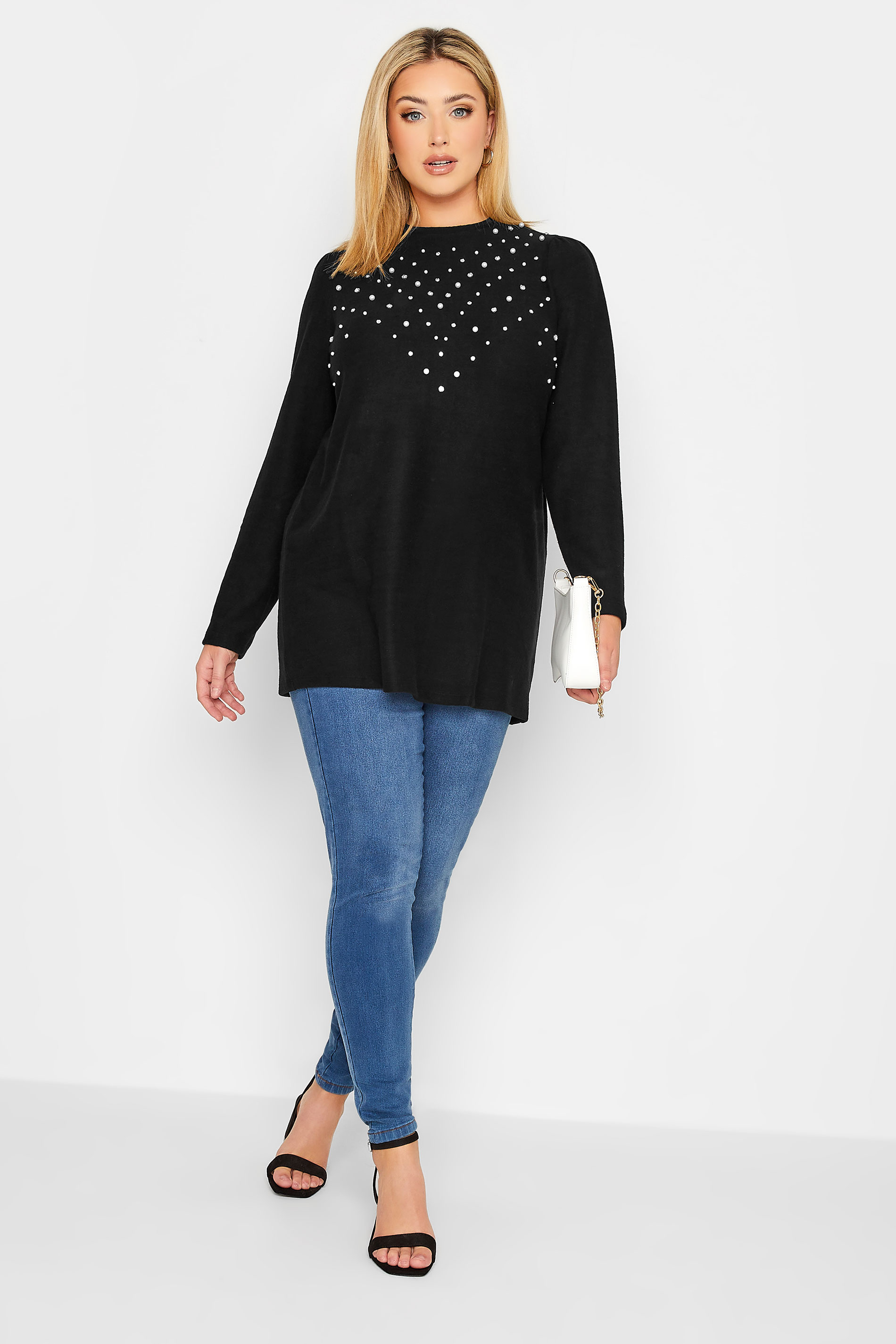 Plus Size Black Pearl Embellished Soft Touch Top | Yours Clothing 2