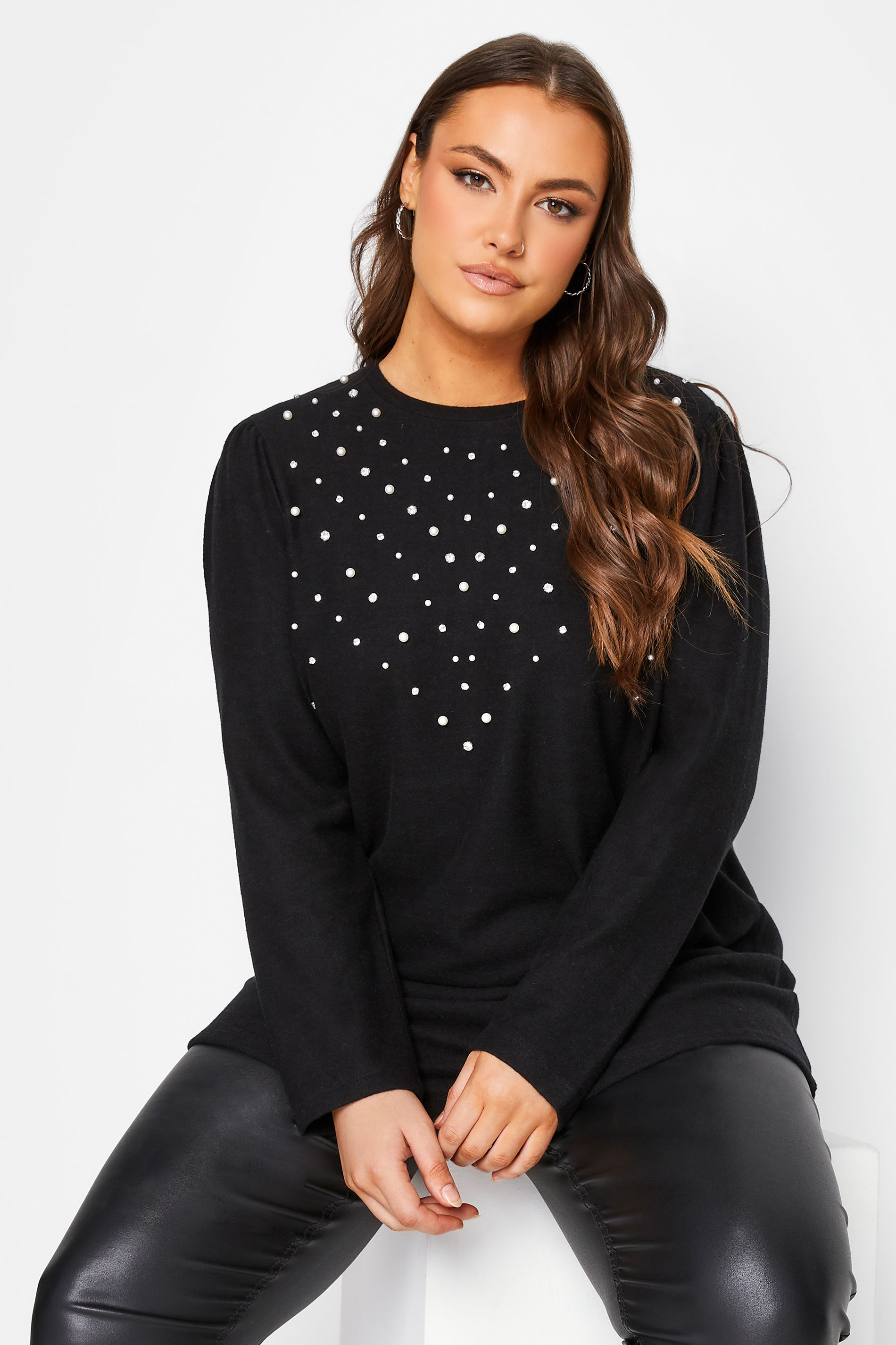 Plus Size Black Pearl Embellished Soft Touch Top | Yours Clothing 1