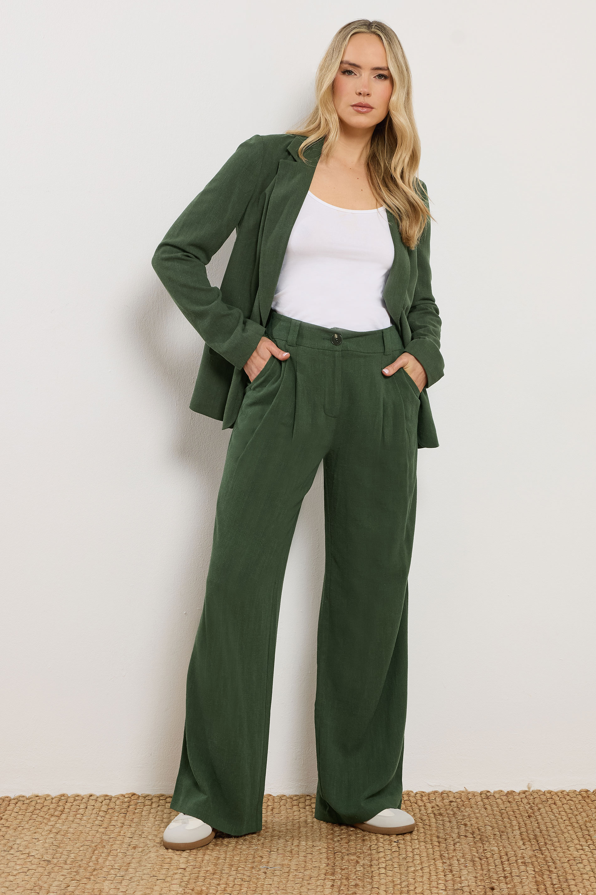 LTS Tall Women's Dark Green Linen Pleated Wide Leg Trousers | Long Tall Sally 1