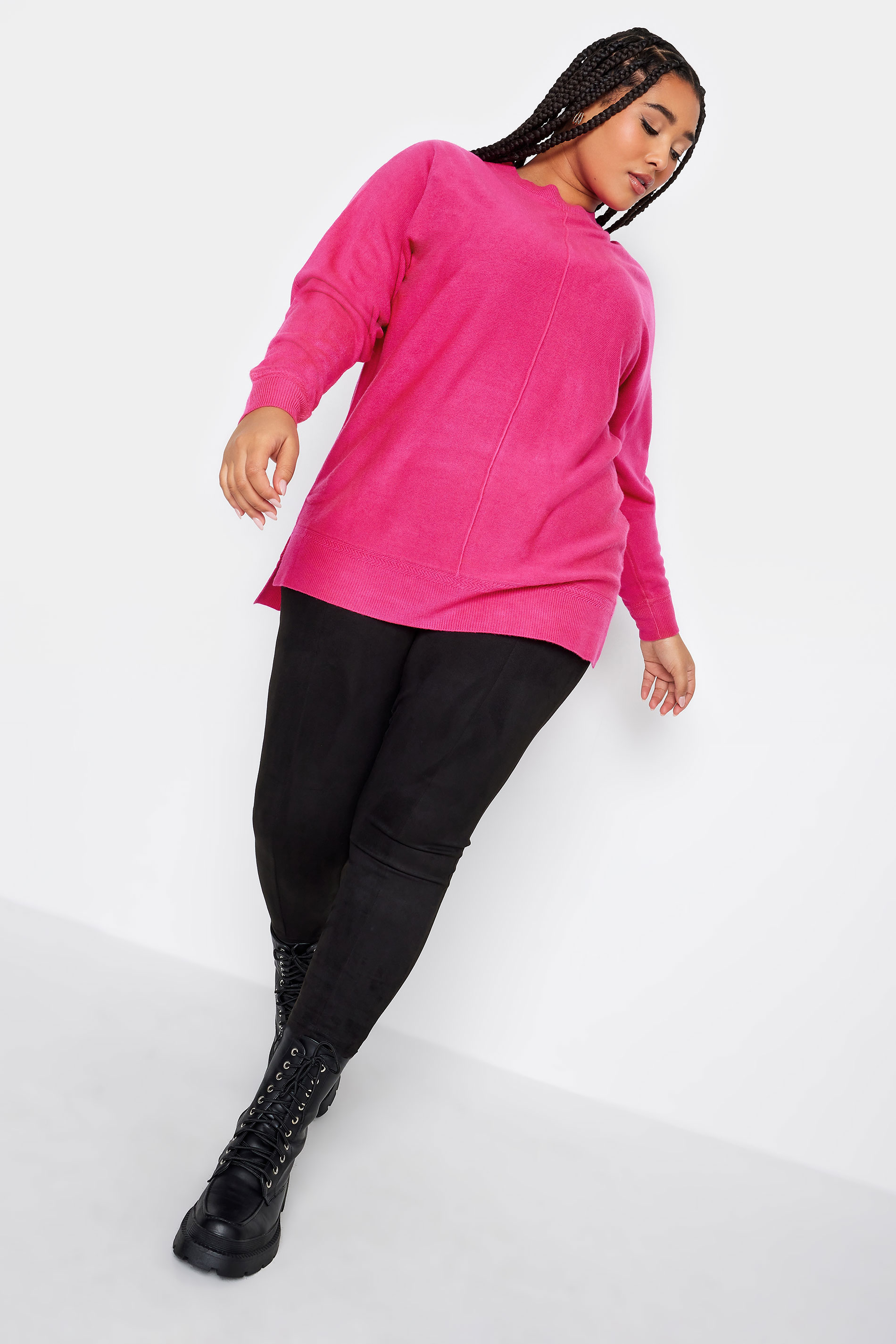 YOURS Plus Size Bright Pink Front Seam Detail Jumper | Yours Clothing 2
