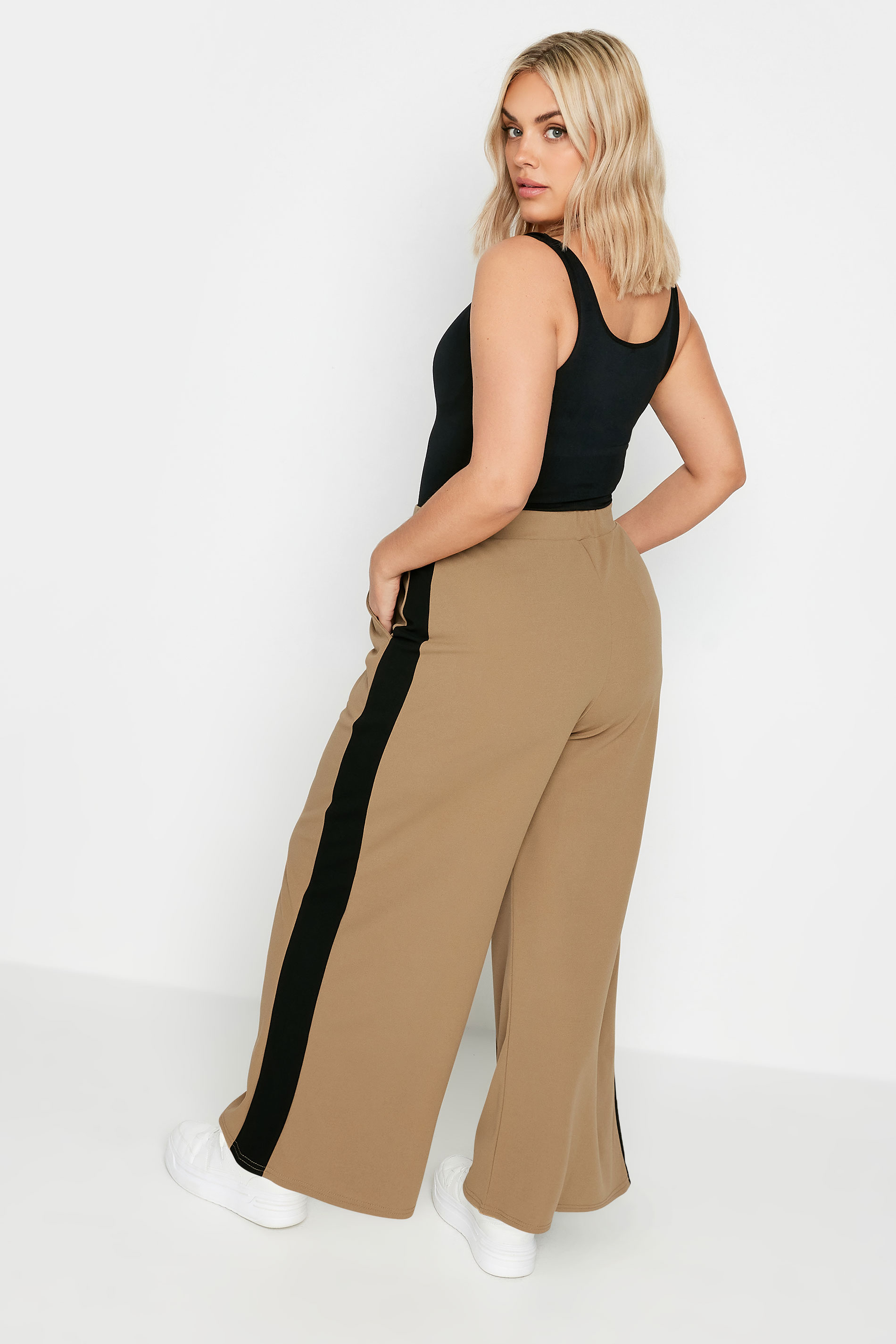 YOURS Plus Size Beige Brown Side Stripe Wide Leg Trousers | Yours Clothing 2