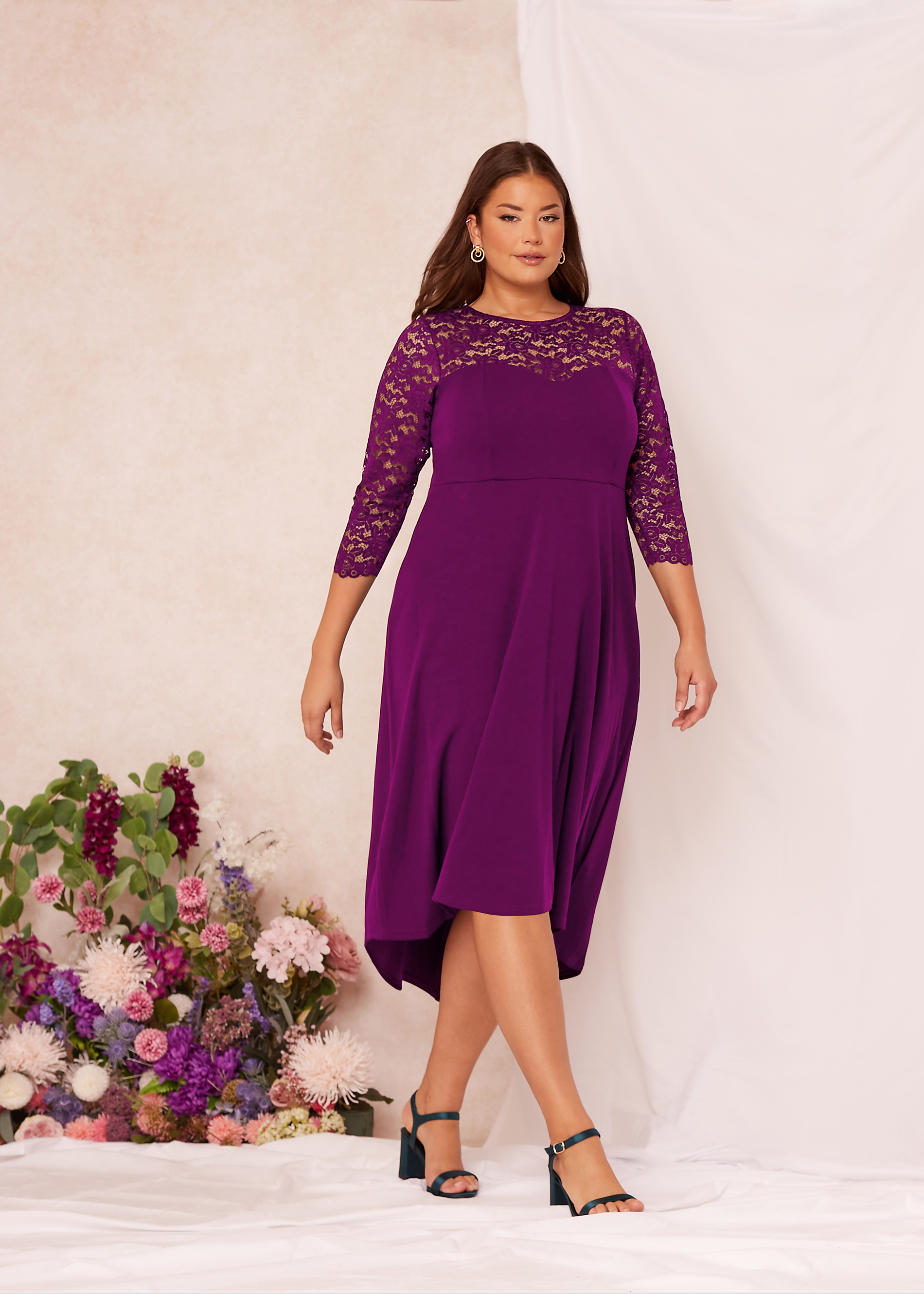 YOURS Plus Size Purple Lace Sweetheart Midi Dress Clothing