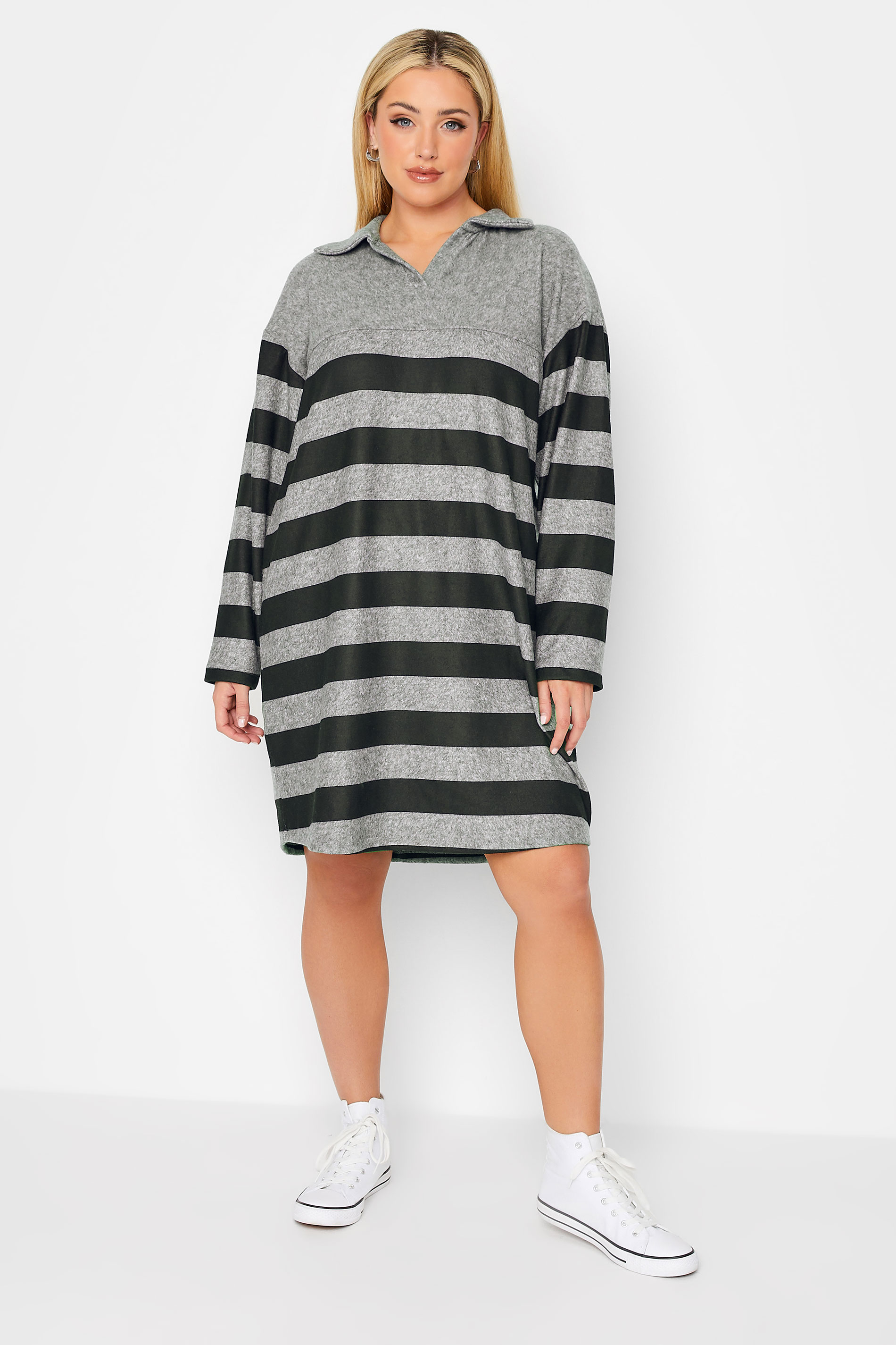 YOURS LUXURY Curve Grey Stripe Open Collar Soft Touch Dress | Yours Clothing 1