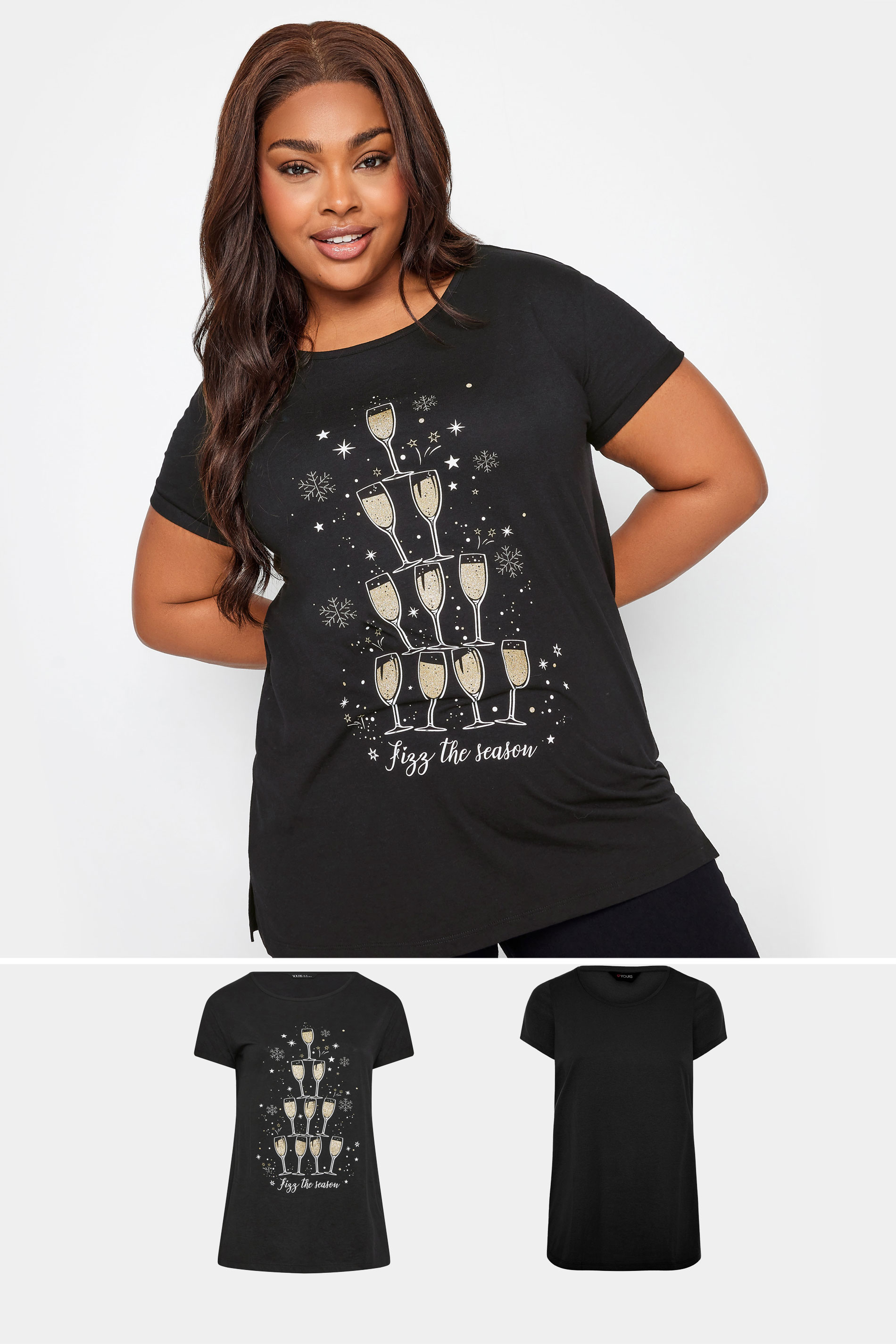 YOURS Plus Size 2 PACK Black 'Fizz The Season' Slogan Print T-Shirts | Yours Clothing 1