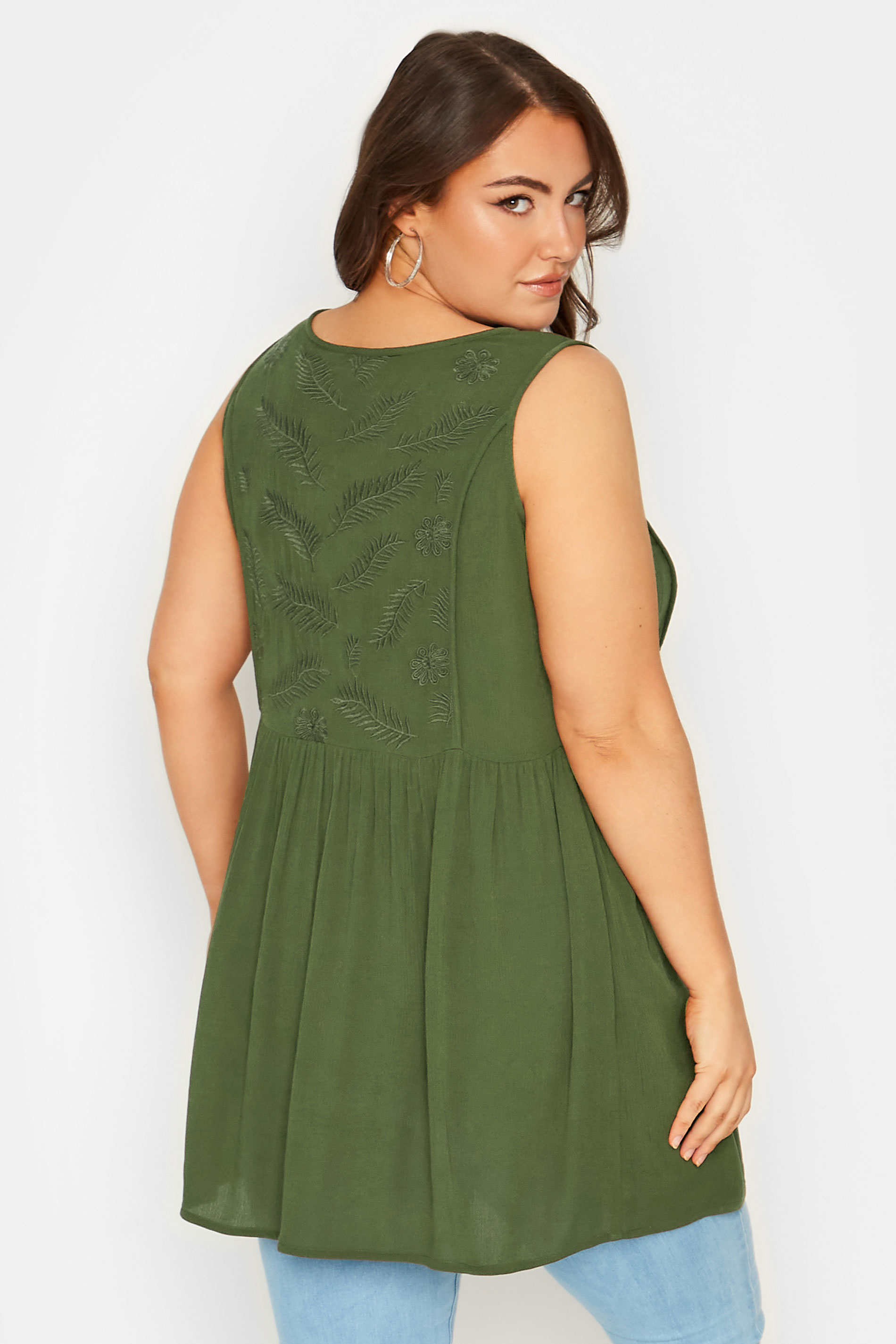 YOURS Plus Size Khaki Green Embroidered Peplum Vest Top | Yours Clothing 3