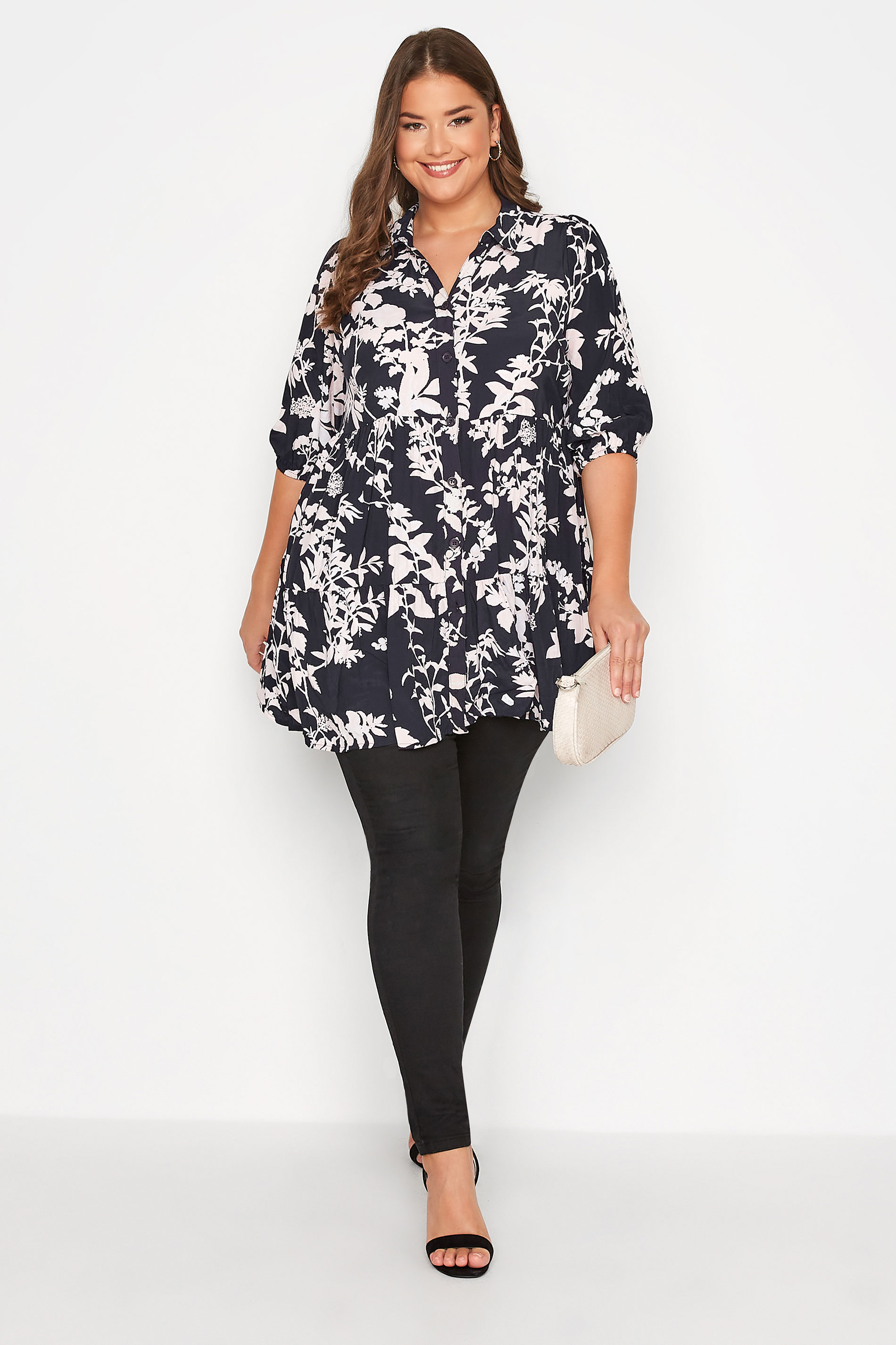 Plus Size Black Floral Print Smock Shirt | Yours Clothing 2